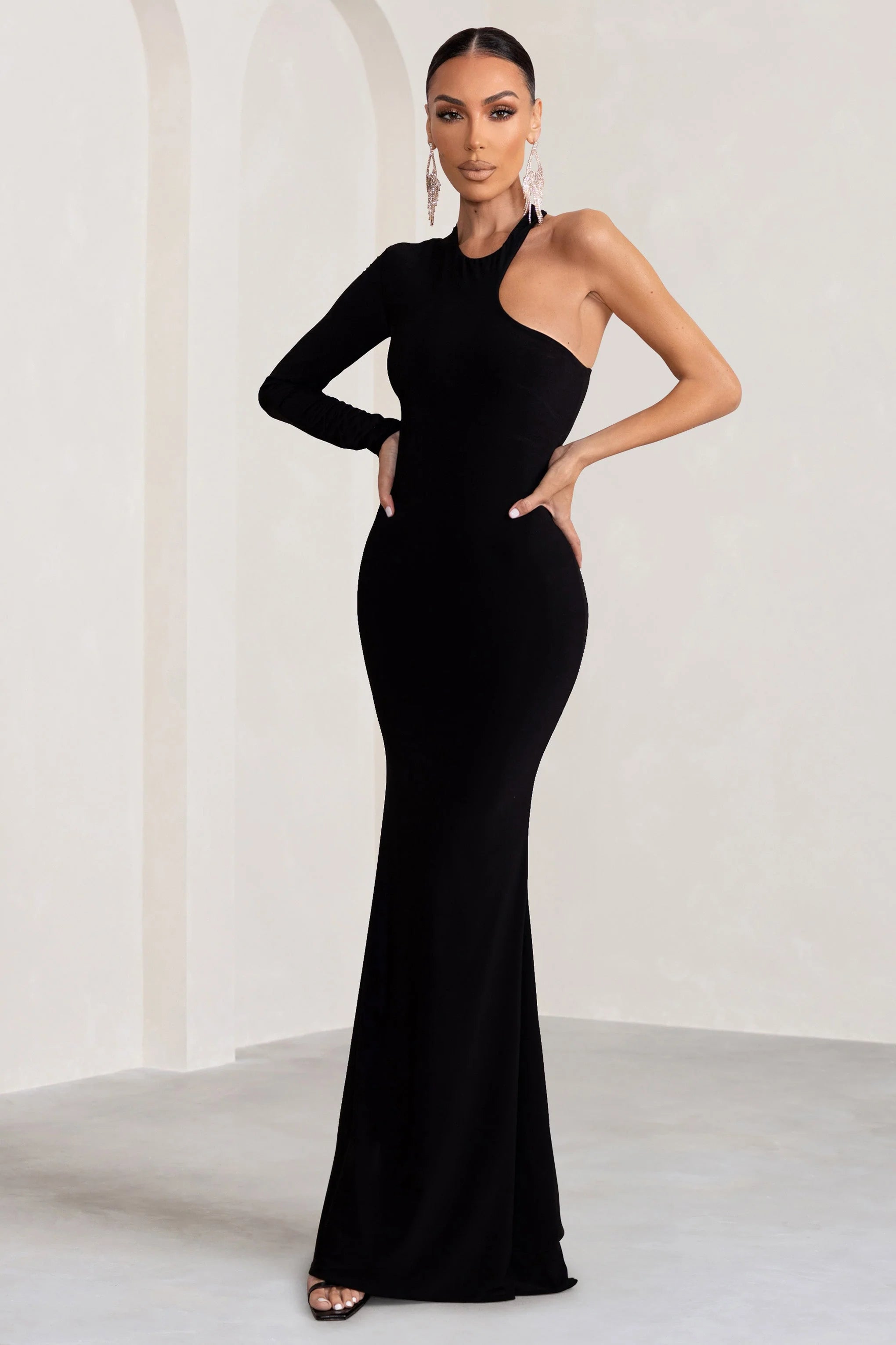Tyra Black Asymmetric Neck Cut Out Maxi Dress With Open Back Detail