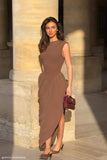 Nola Shirred Asymmetric Midi Dress Mocha
