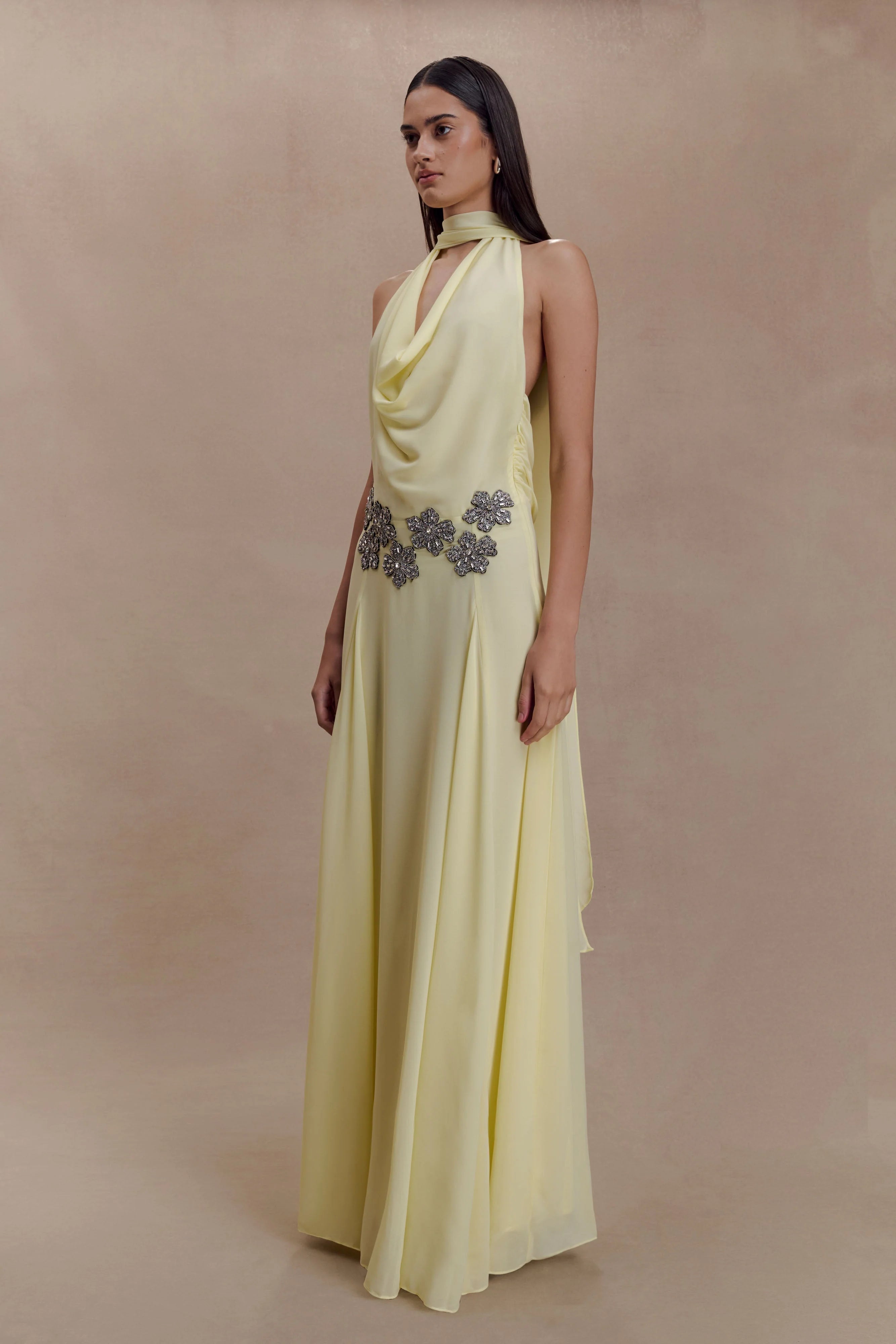 Santal Floral Chiffon Halter Maxi Dress Lemon