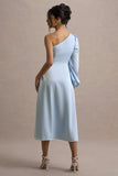 Haila Powder Blue Satin One Shoulder Midi Dress