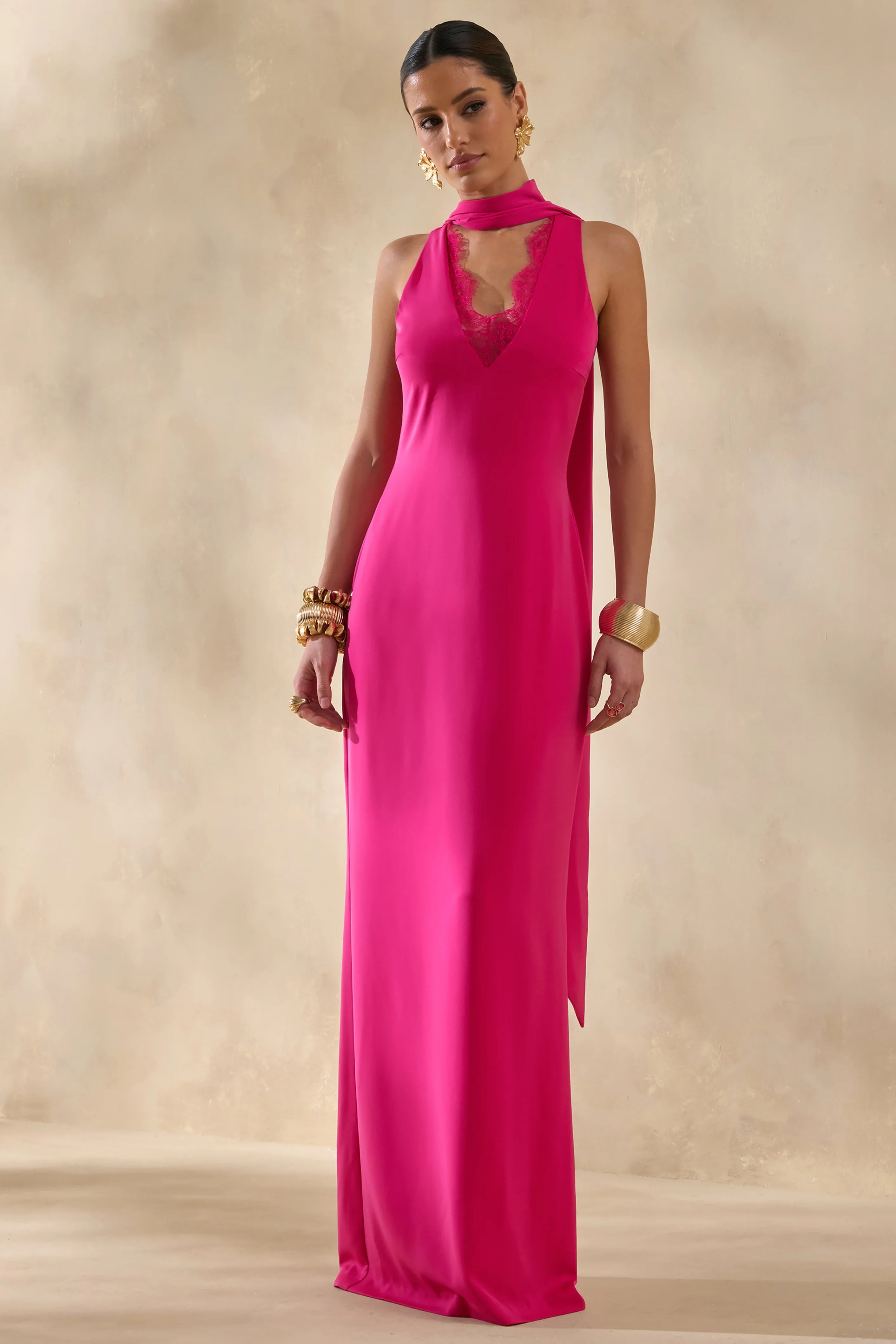 True Icon Hot Pink Satin High Neck Maxi Slip Dress With Sash