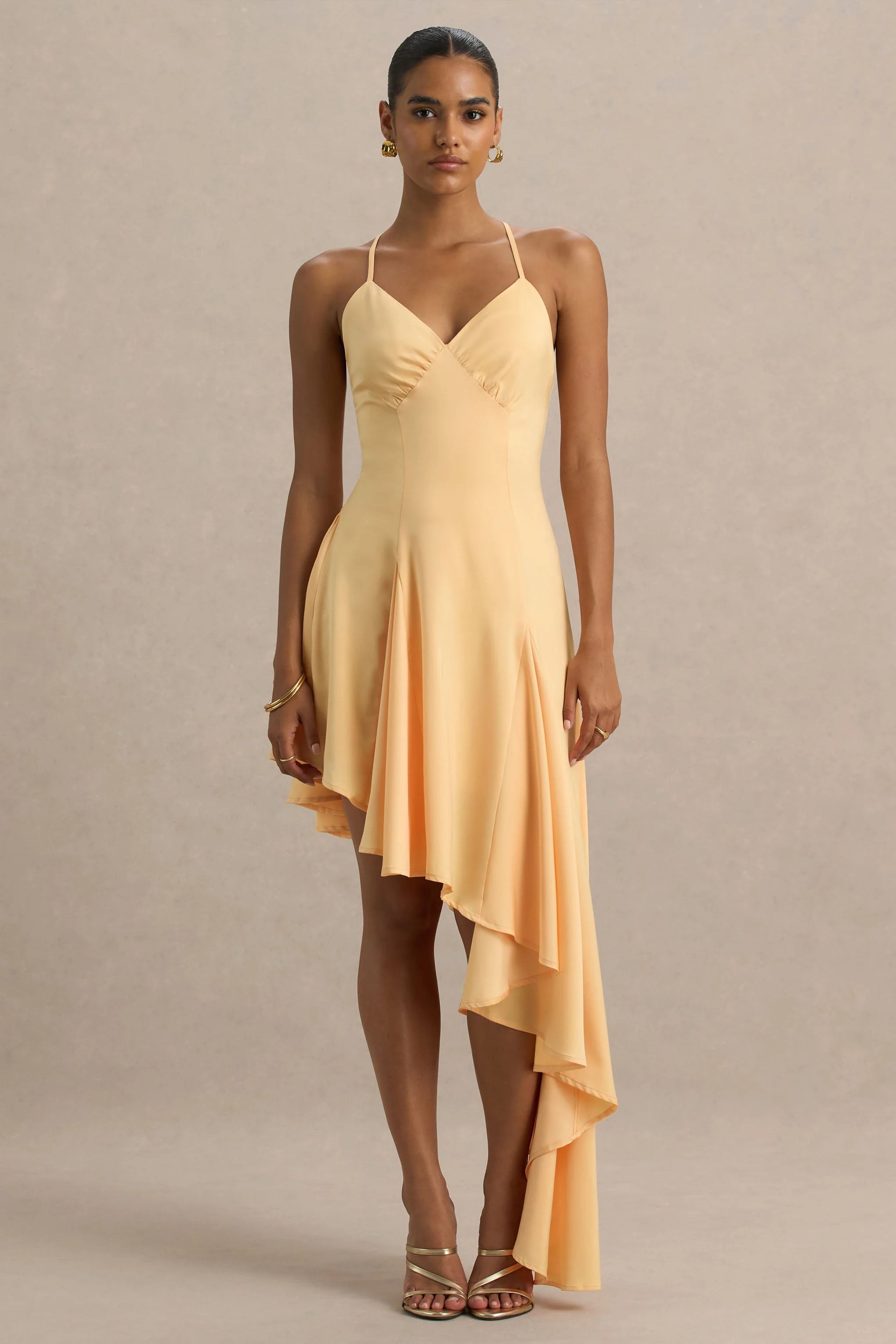 Glint Peach Satin Plunge Neck Maxi Dress With Asymmetric Hem