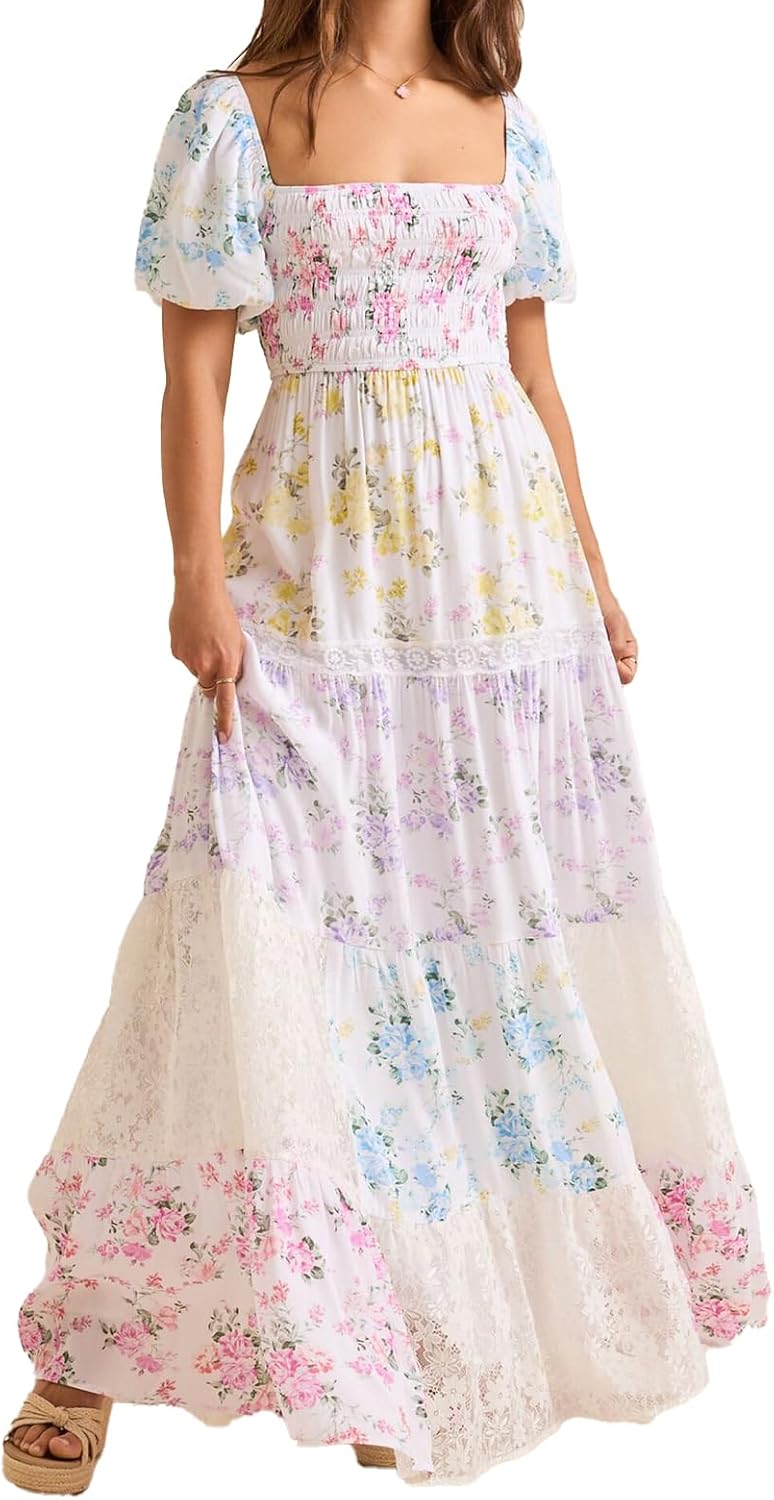 Women Floral Maxi Dress Smocked Puff Sleeve Square Neck Lace Patchwork Tiered Boho Long Dress Vacation Garden Party