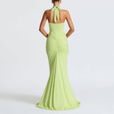 Women Deep V Neck Ruched Maxi Dress Sleeveless Halter Gown Cocktail Evening Formal Dresses
