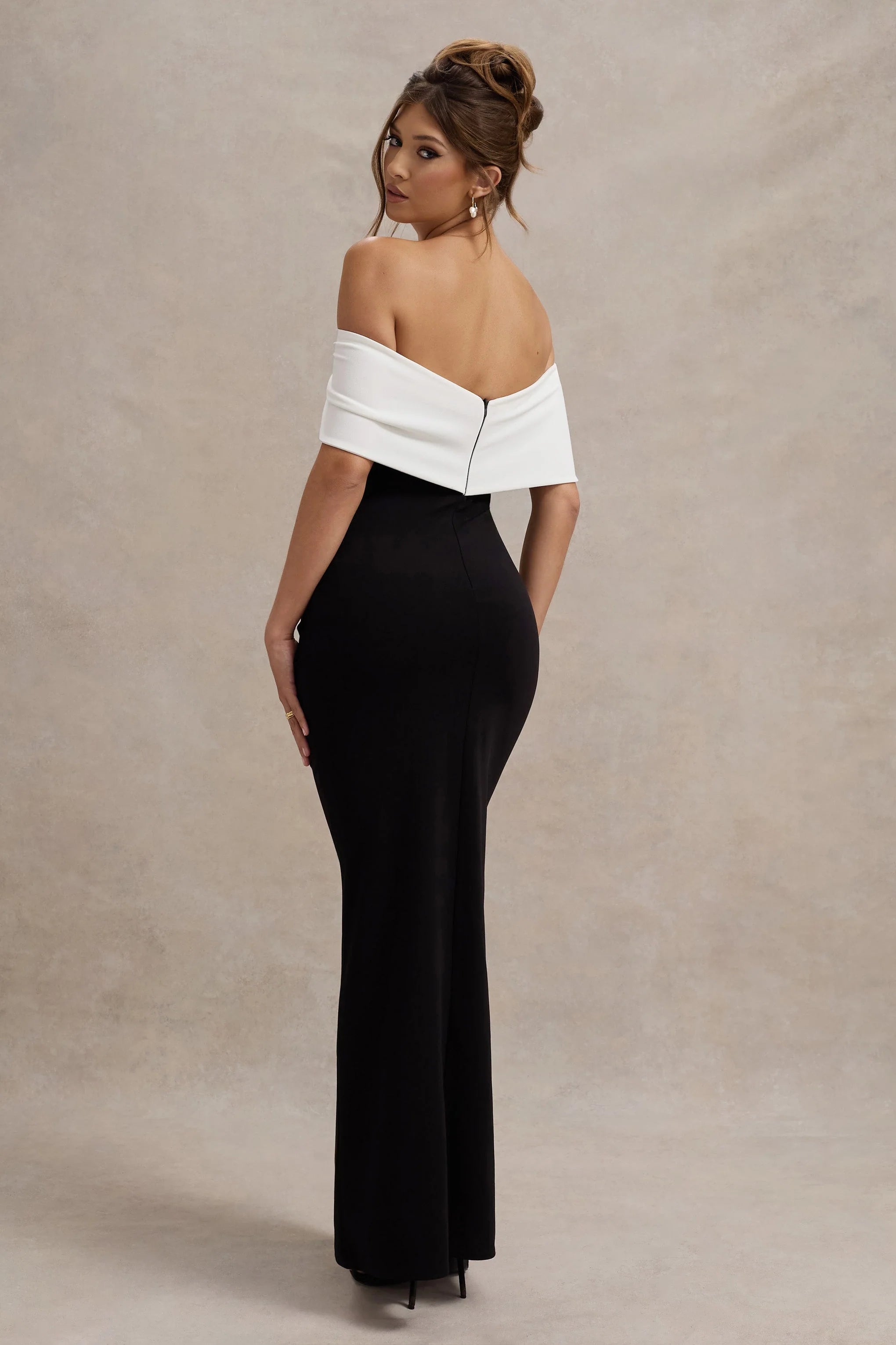 Eva Black White Bardot Bow Detail Maxi Dress With Thigh Split