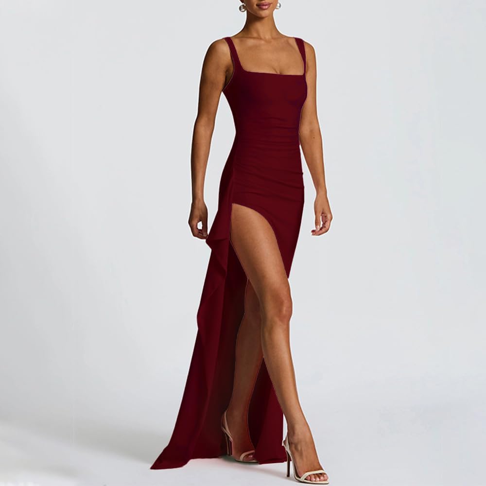 Women Formal Dresses Sleeveless Bodycon Ruched High Slit Sexy Maxi Dress Cocktail Prom