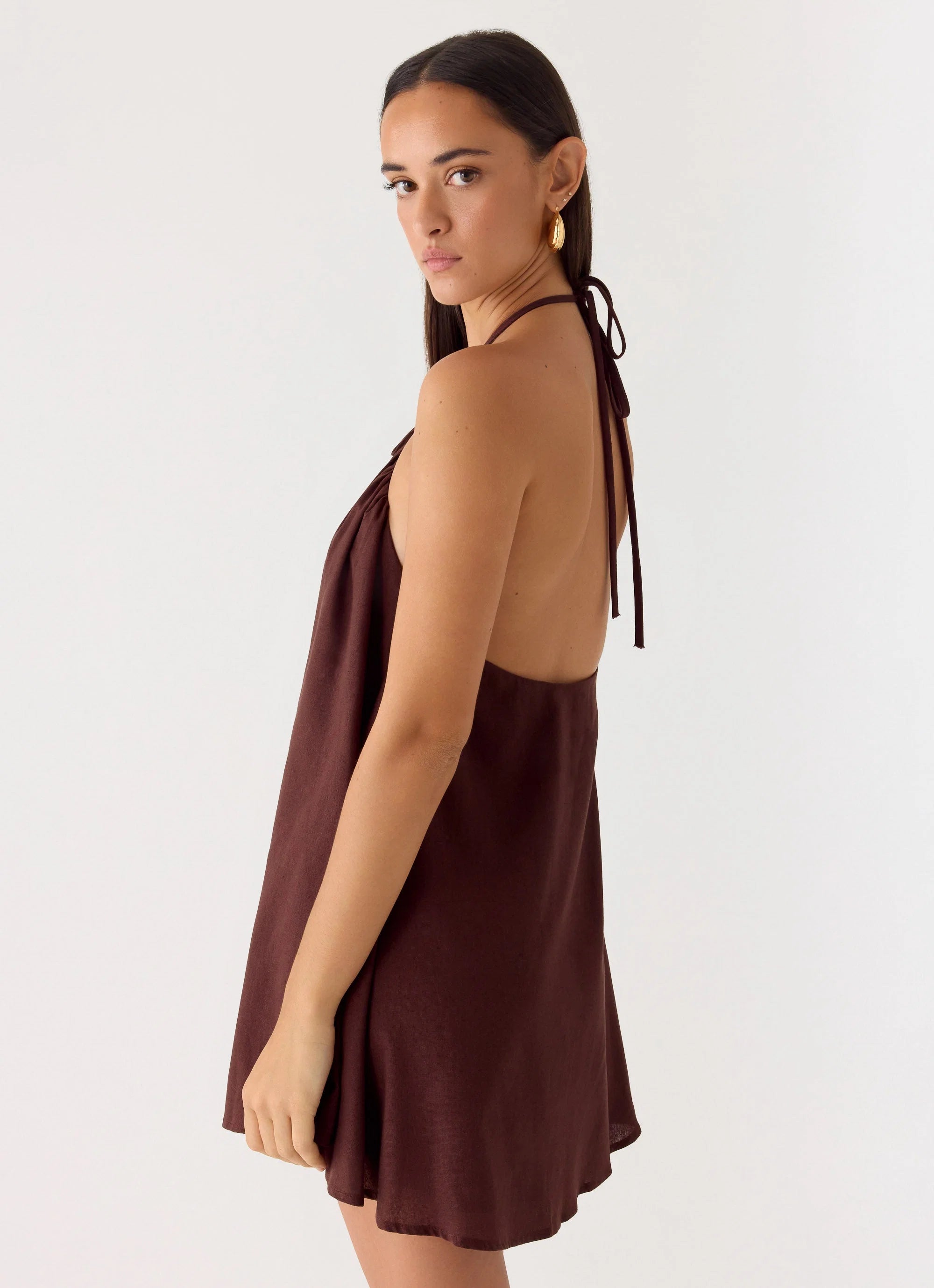 Soft Breeze Linen Mini Dress Chocolate