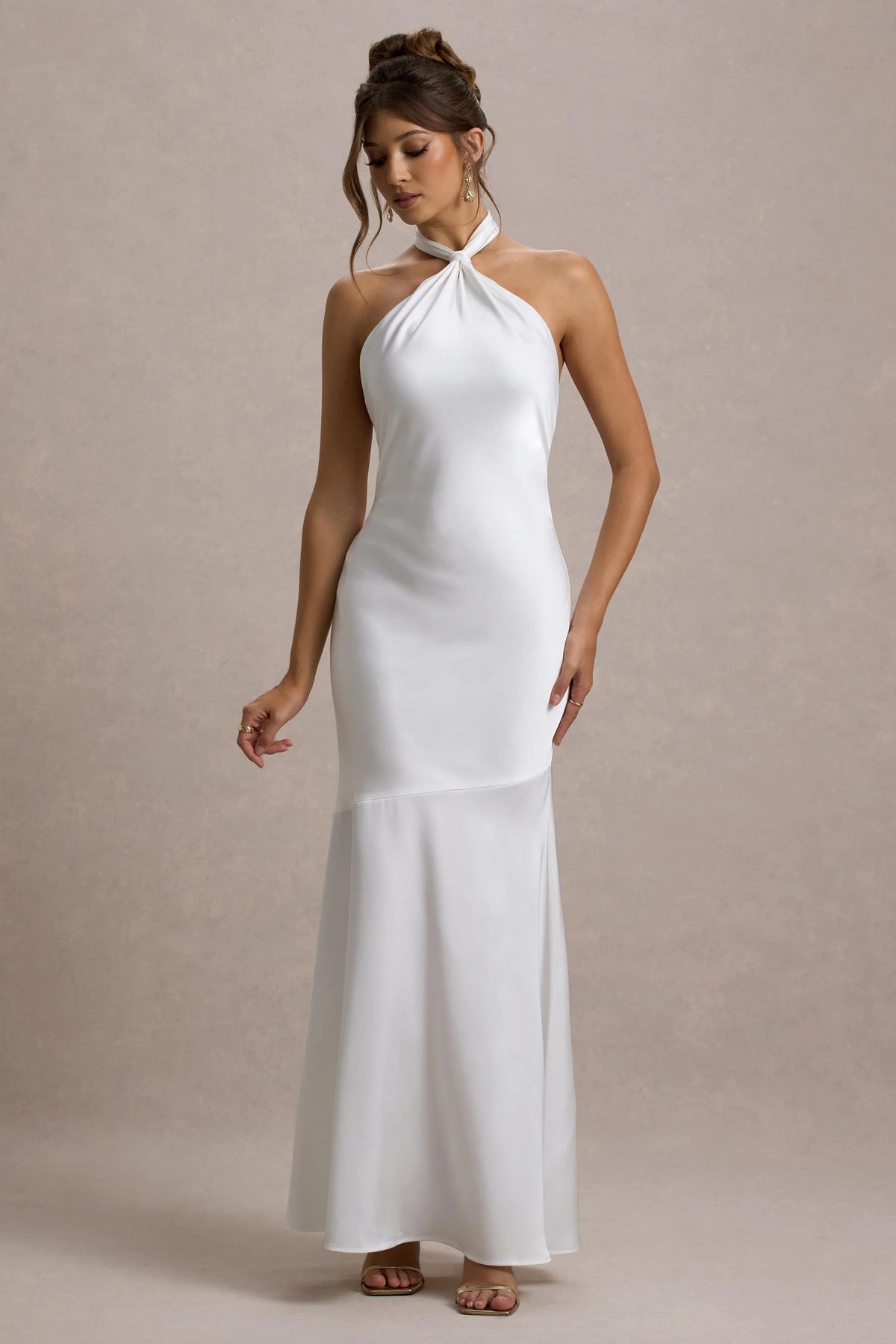 Knox White Satin Knot Halter Neck Maxi Dress