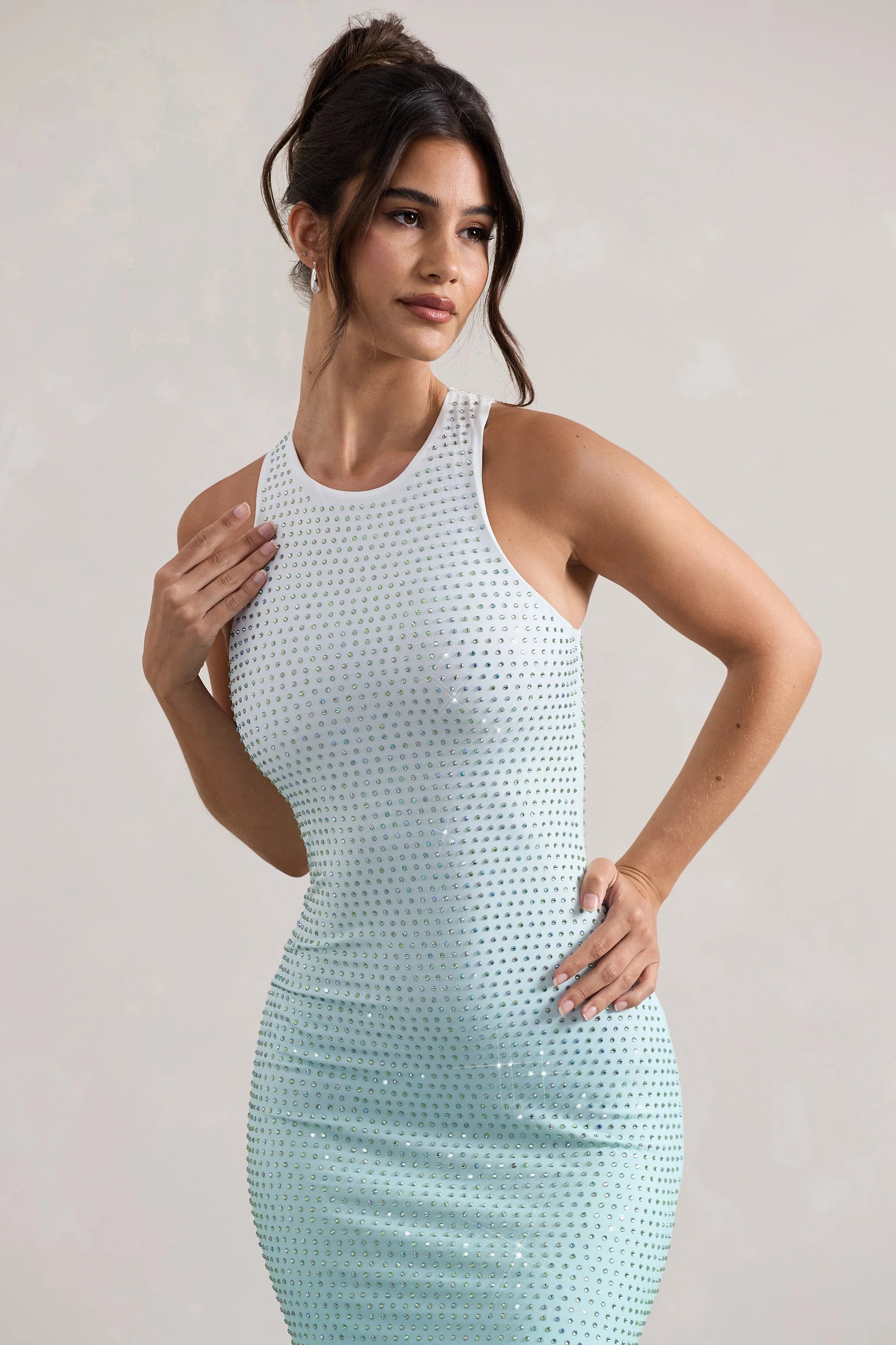Escala Mint Ombre Embellished Racer Neck Maxi Dress