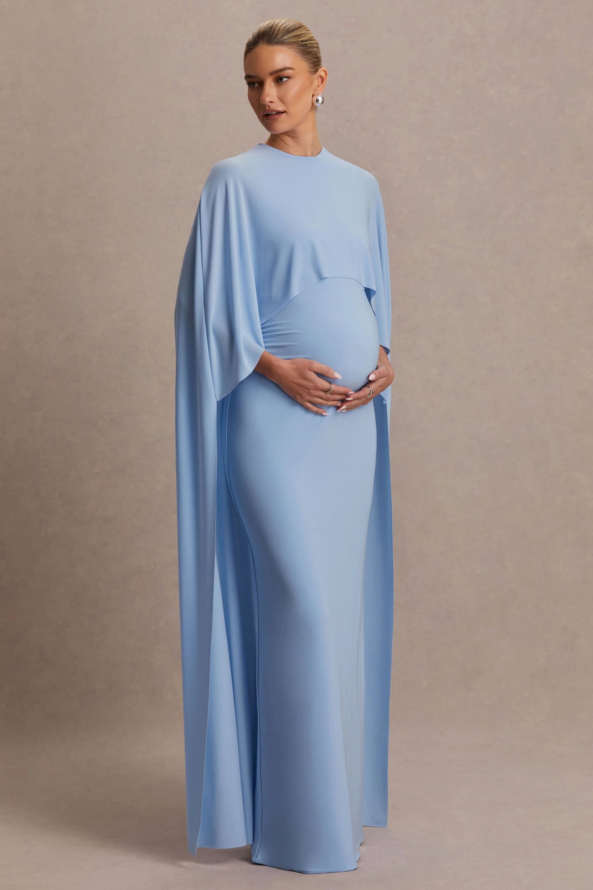 Padma Powder Blue Draped Maternity Maxi Dress With Cape Sleeves