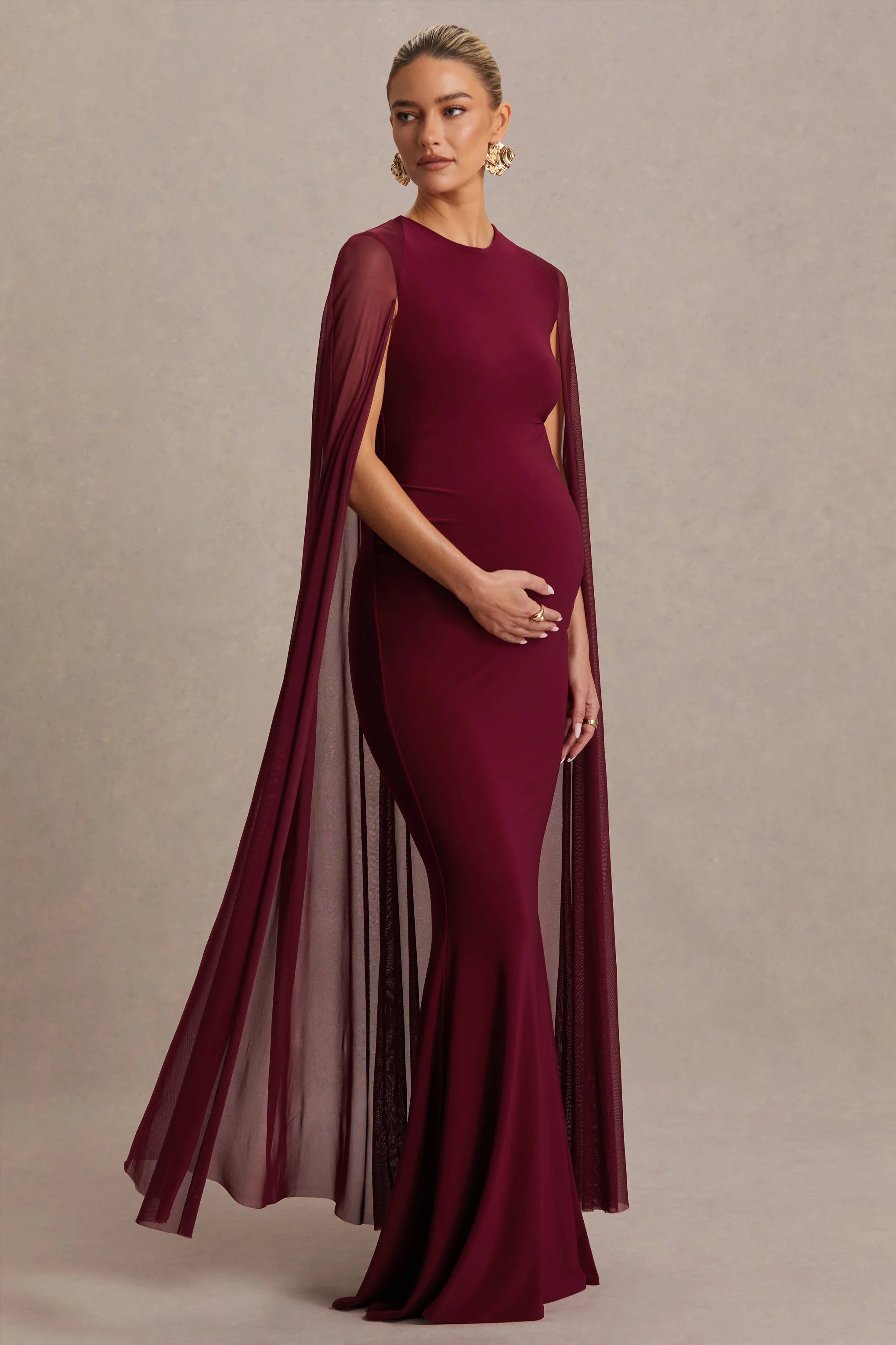 Currant Berry High Neck Maternity Maxi Dress With Cape
