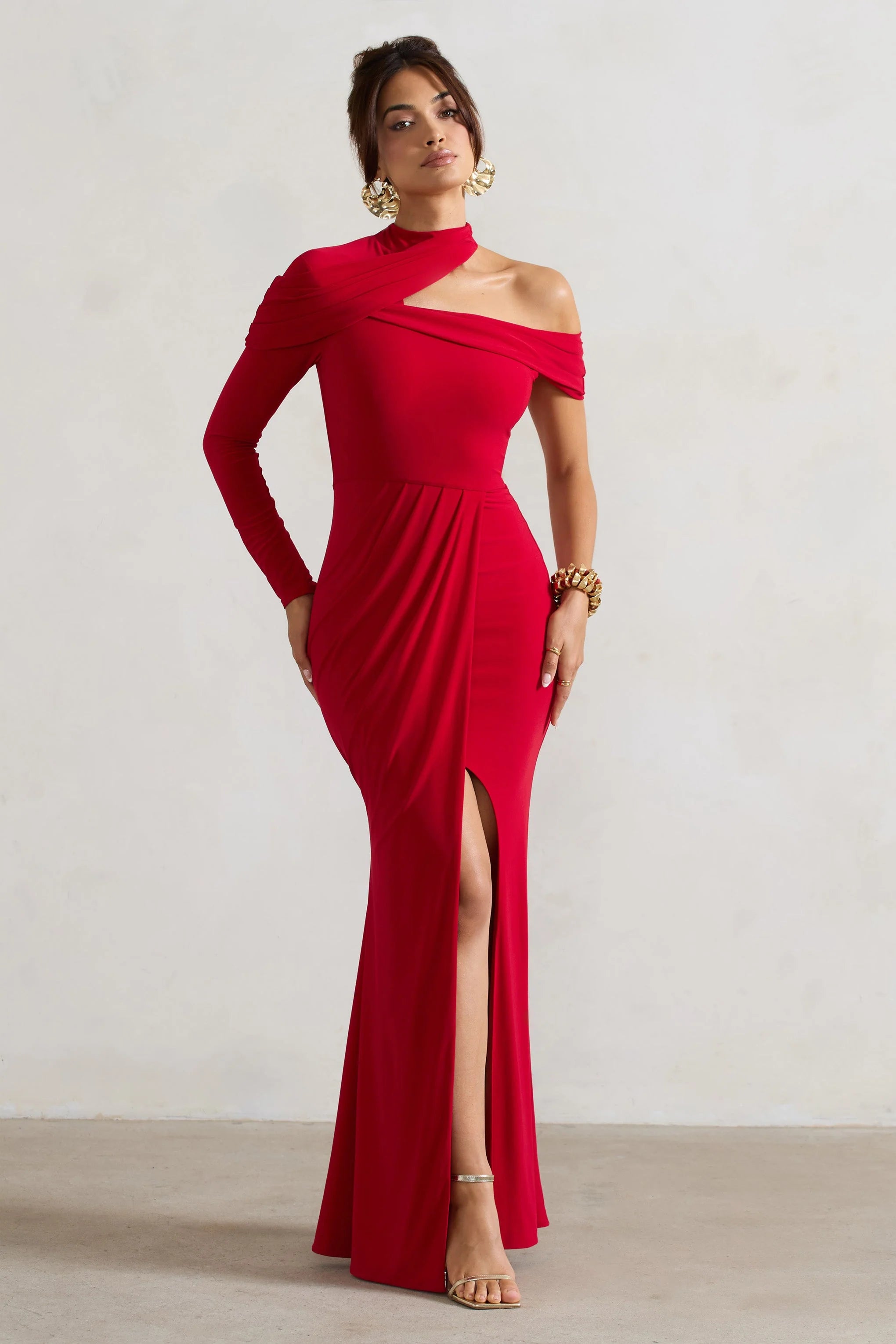 Tyla Red Asymmetric High Neck Split Maxi Dress
