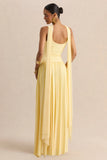Aurina Lemon Square Neck Maxi Dress With Scarf Detail