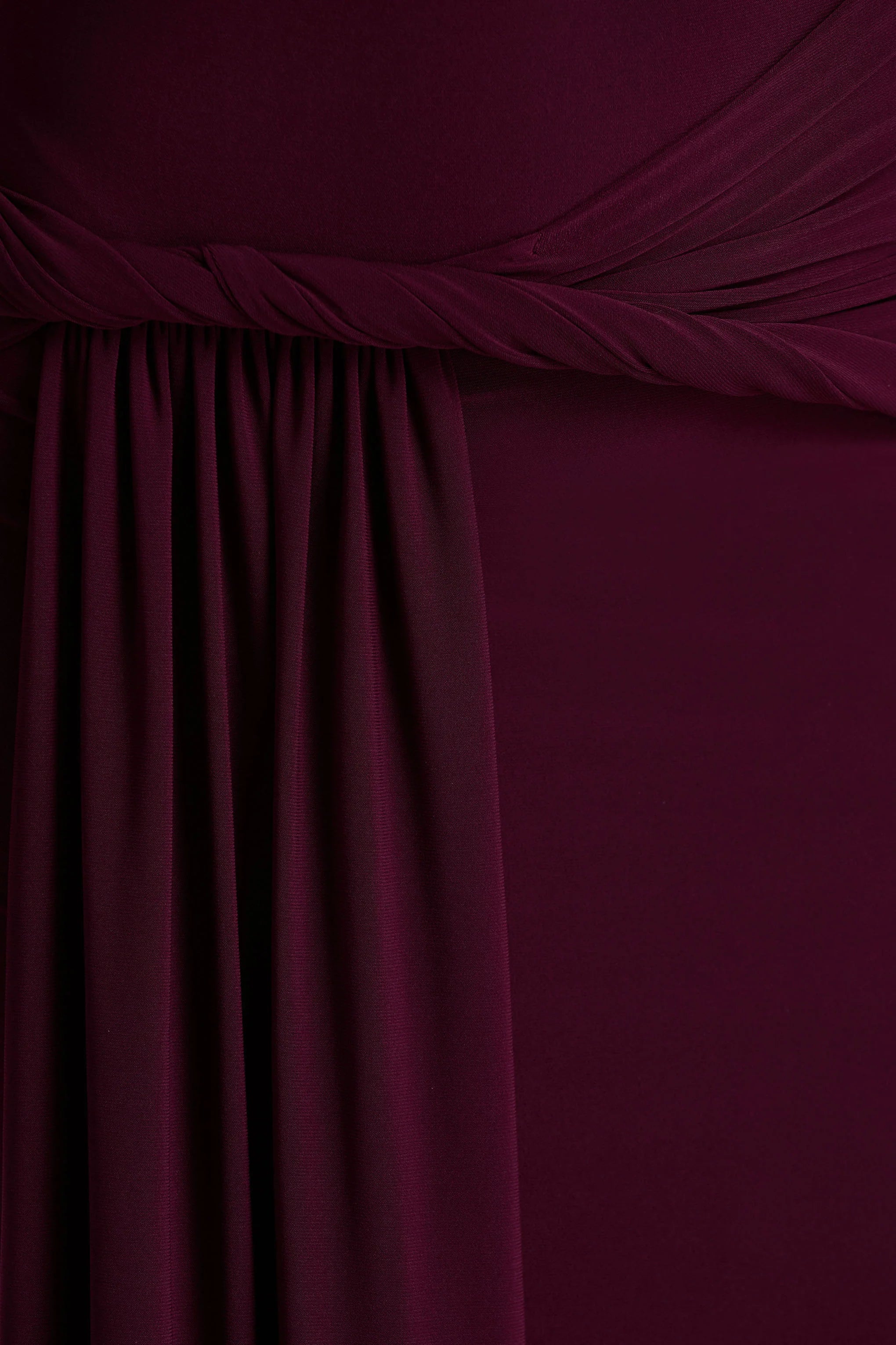 Tulisa Burgundy Asymmetric Neck Maxi Dress With Twist Sleeves And Ruched Detailing