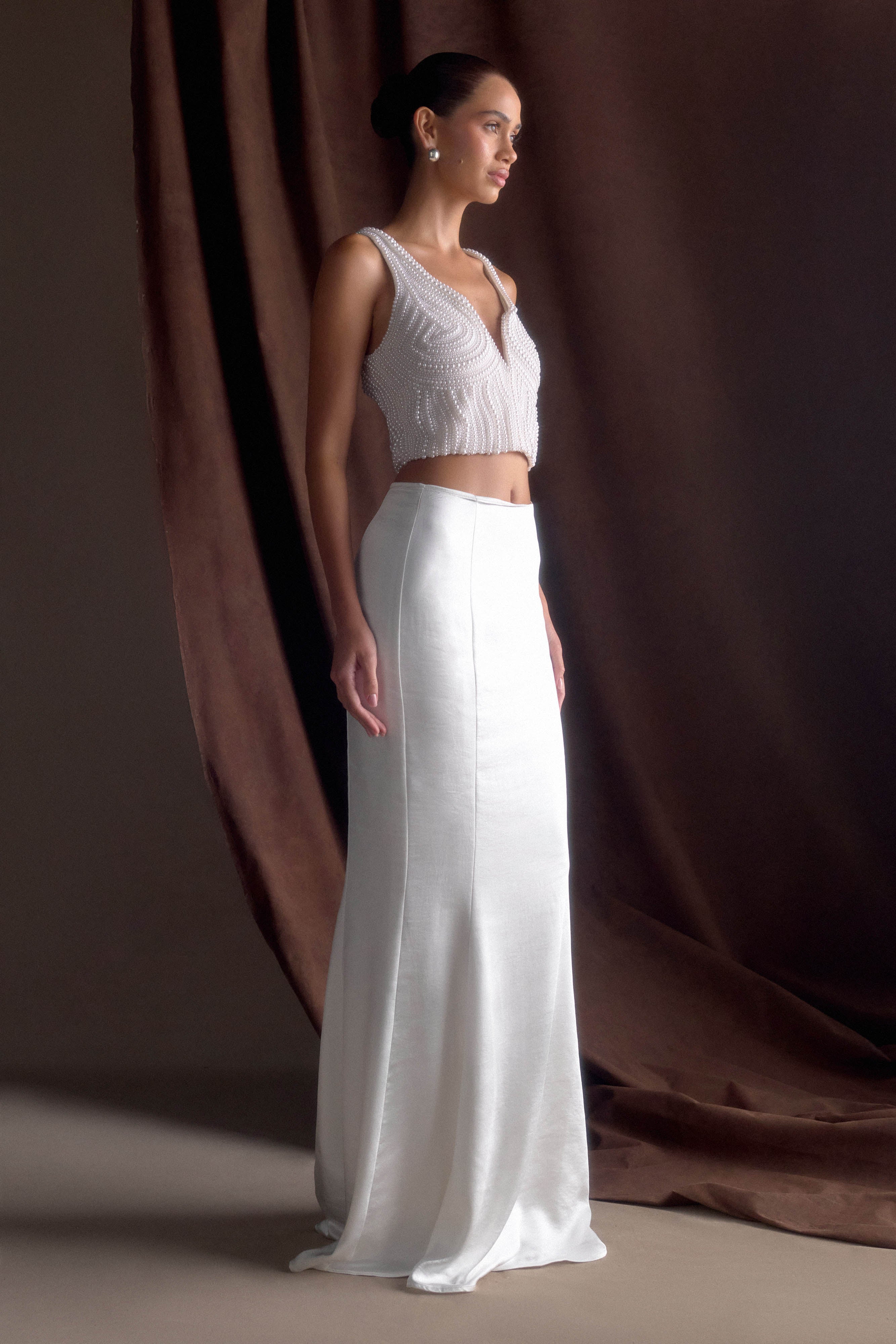 Khloe Satin Fishtail Maxi Skirt White