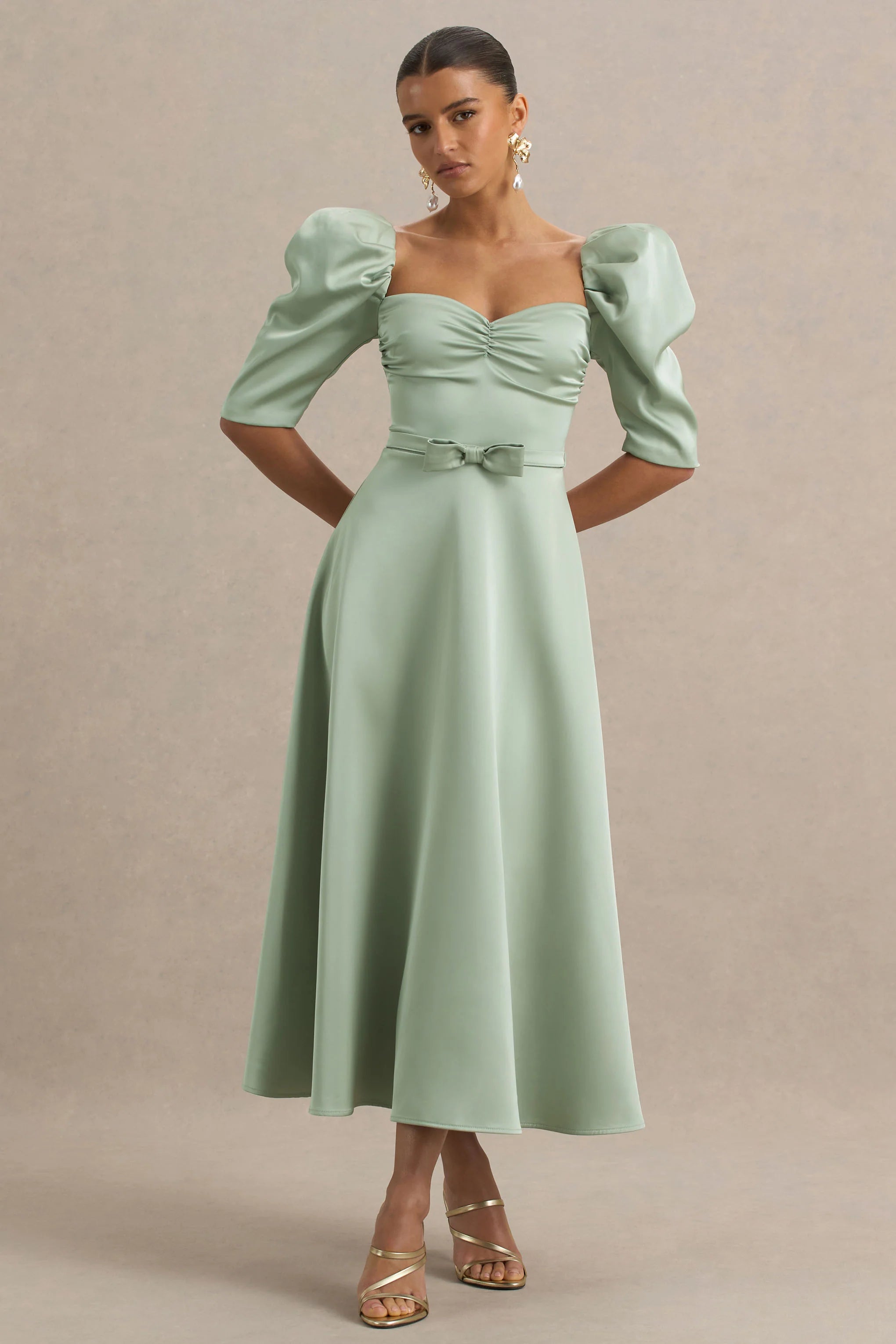 Rosey Green Satin Sweetheart Midi Dress
