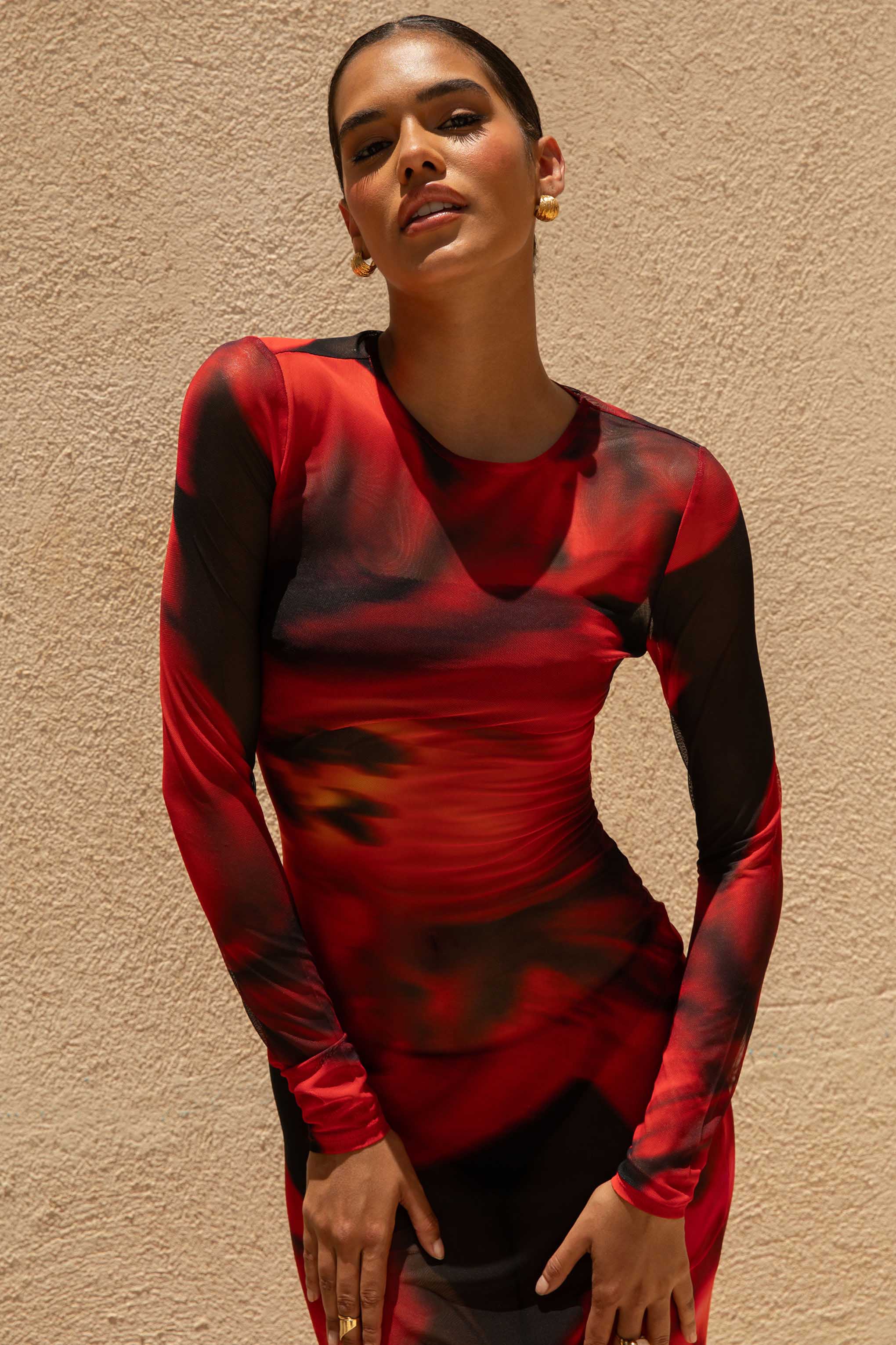 Marcy Red And Black Floral Print High Neck Maxi Dress