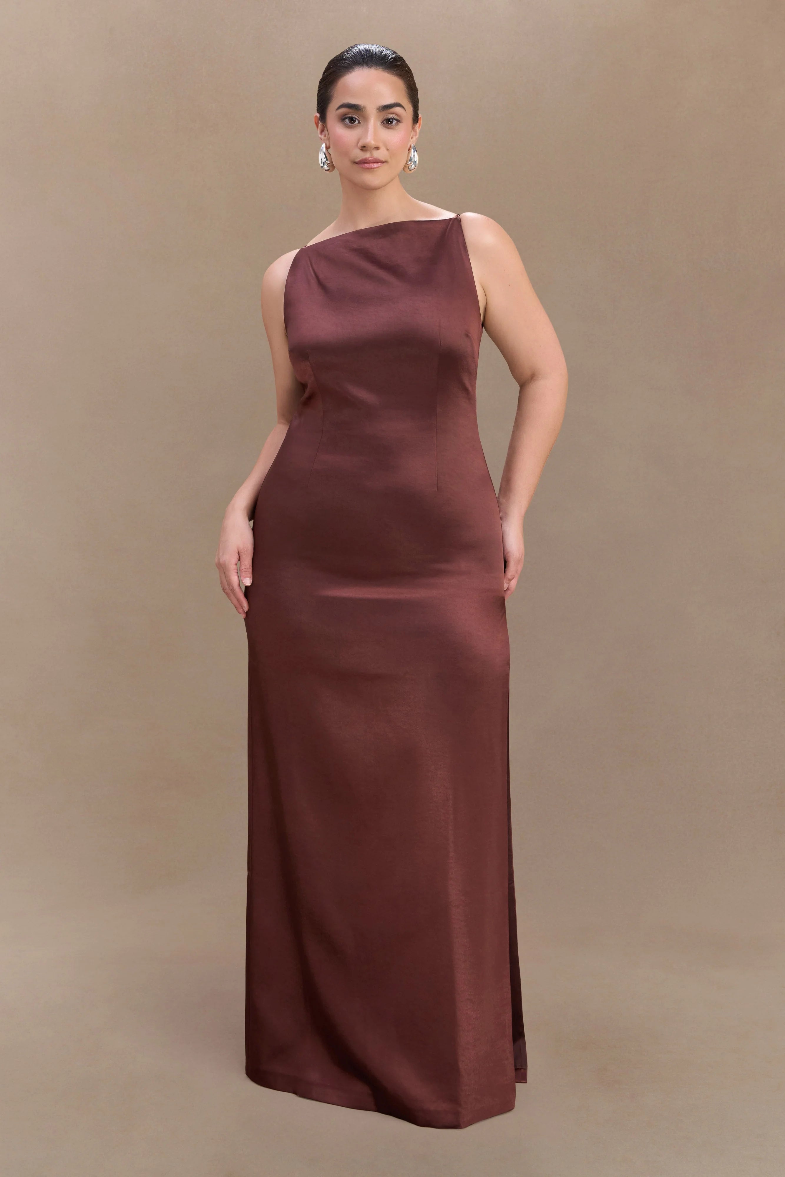 Violet Sleeveless Satin Maxi Dress Dark Chocolate