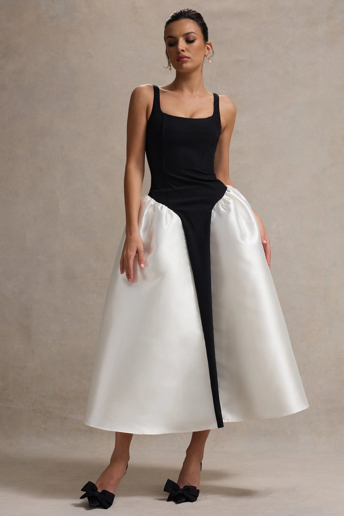 Christie Black and Cream Scoop Neck Midi Dress With Volume Skirt