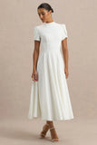 Vicky White High Neck Midi Dress With Puff Sleeves