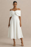 Hettie White Short Sleeve Bardot Midi Dress With Bow Detail