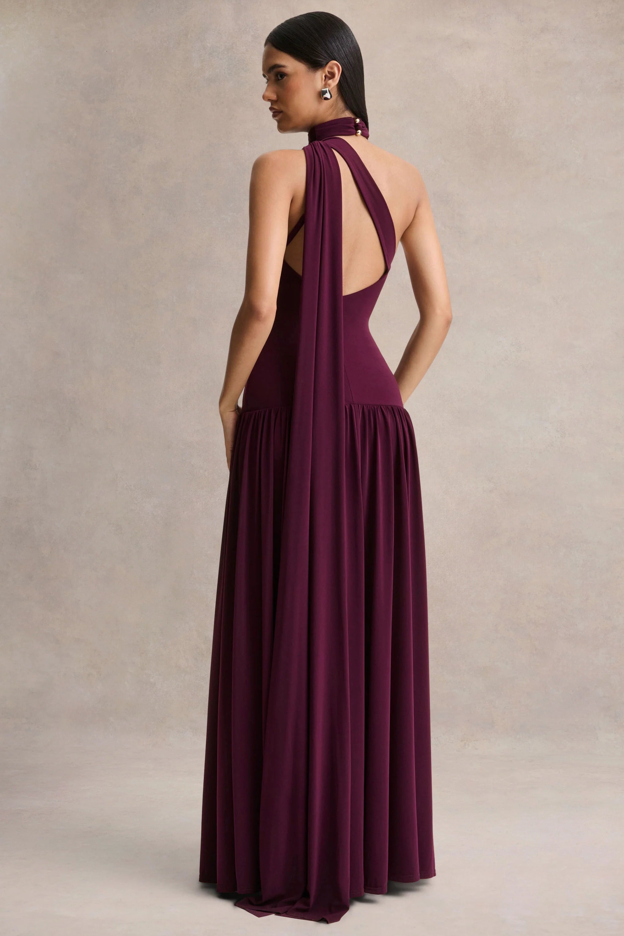 Freesia Plum Asymmetric Neck Maxi Dress With Scarf Detail