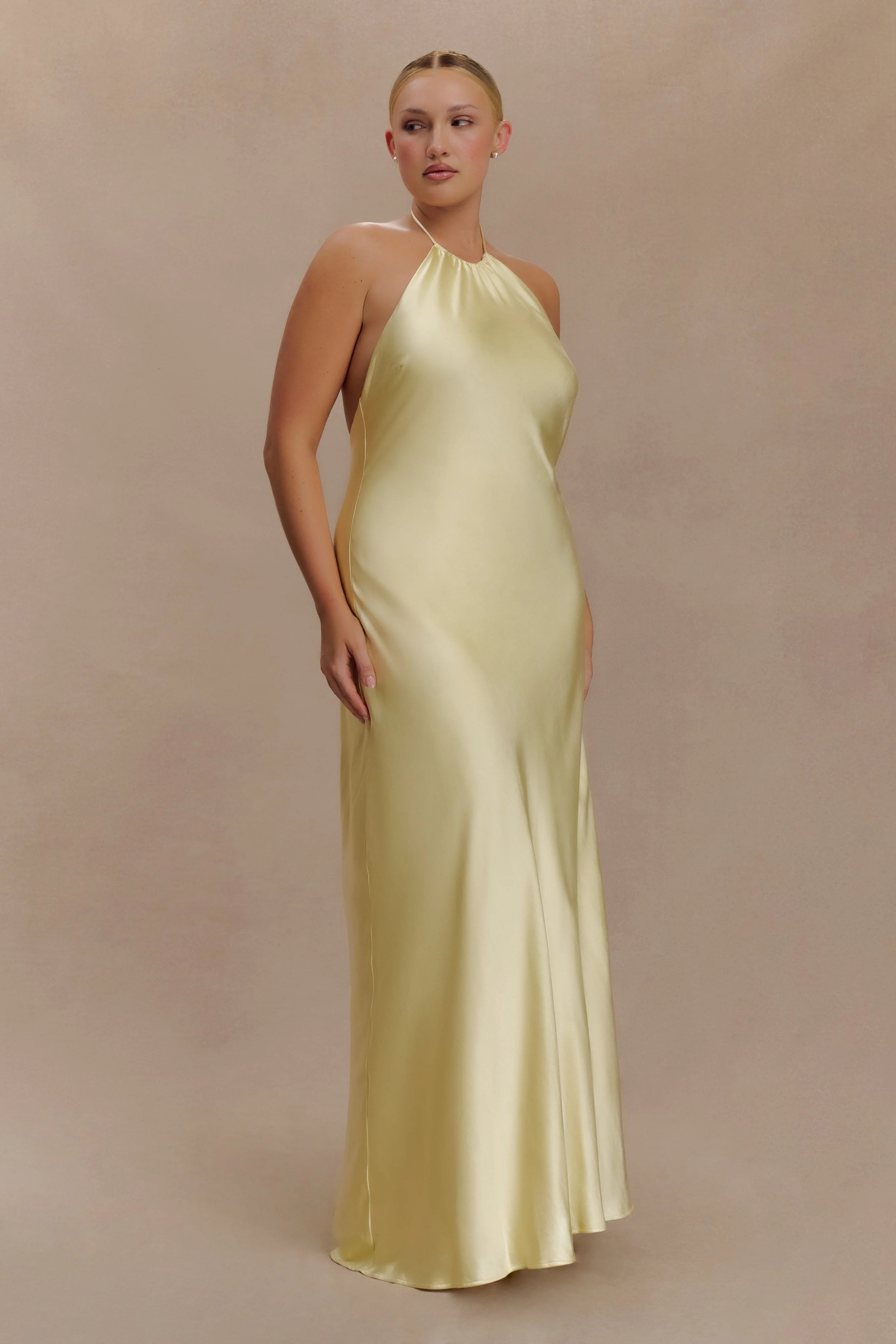 Bella Satin Halter Maxi Dress Lemon