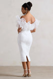 Ladylike White Ruched Bardot Midi Dress With Organza Trim