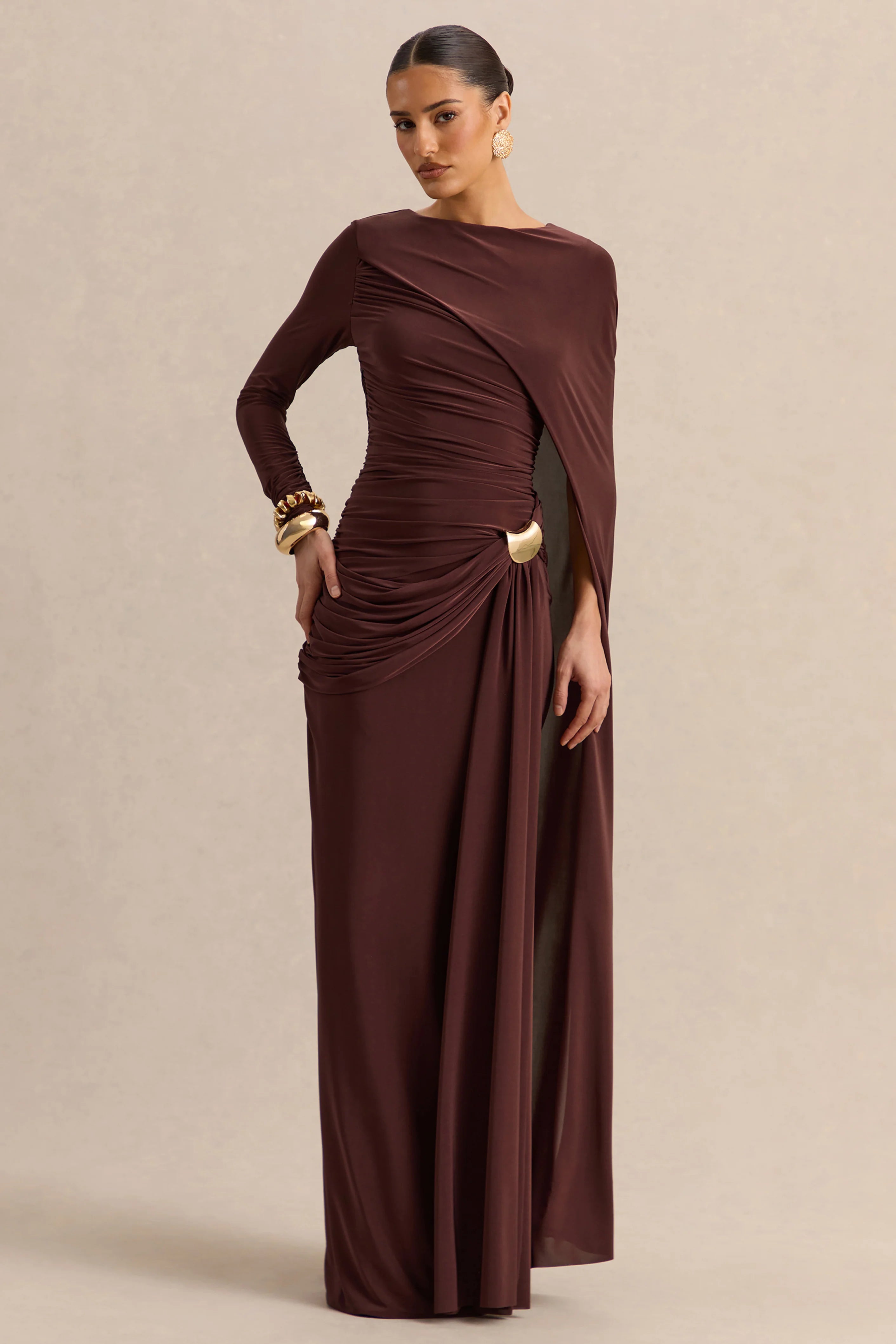 Orintha Brown Slashed Neck Maxi Dress With Cape And Gold Detail