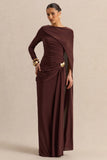 Orintha Brown Slashed Neck Maxi Dress With Cape And Gold Detail