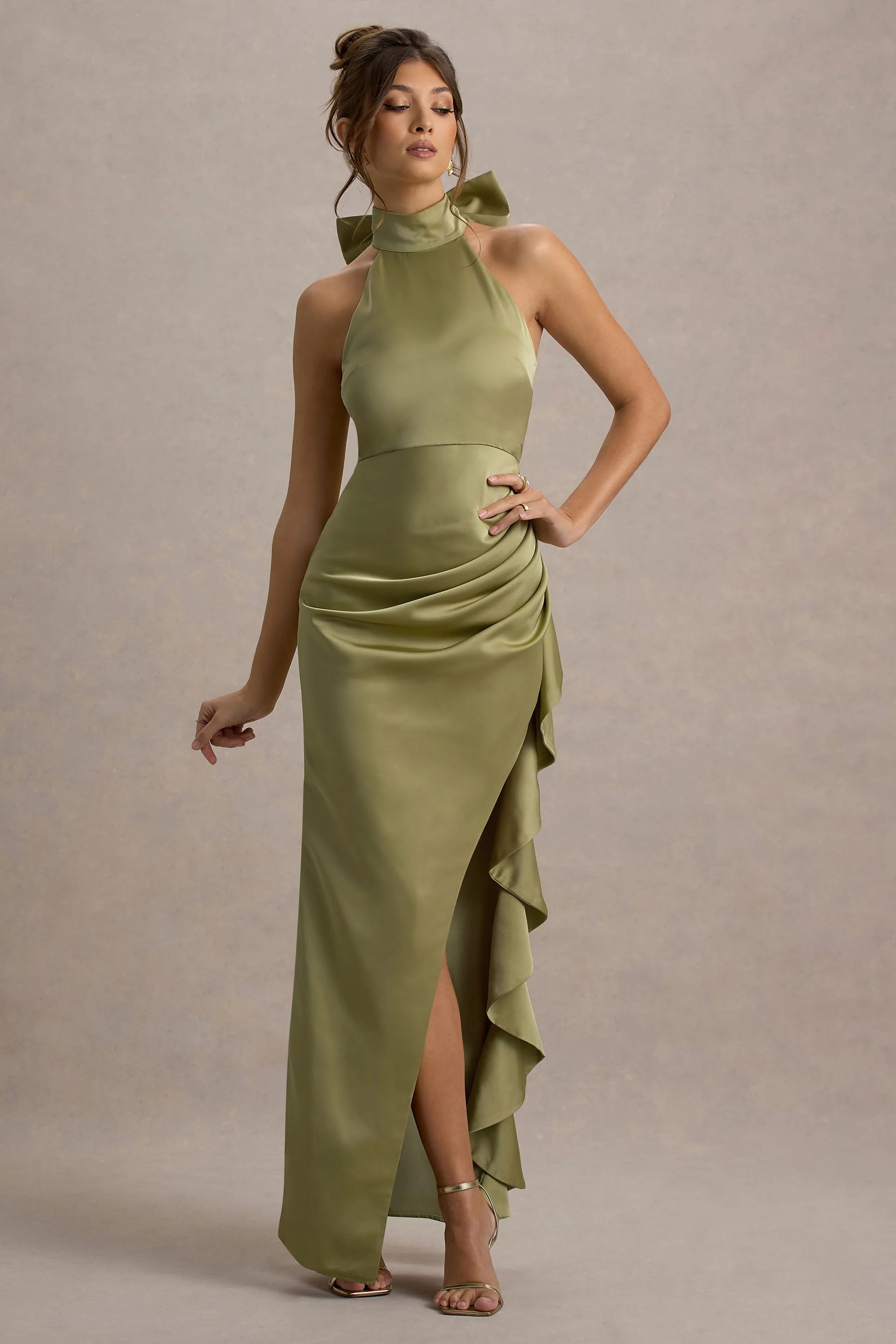 Maureen Light Green Satin High Neck Draped Maxi Dress
