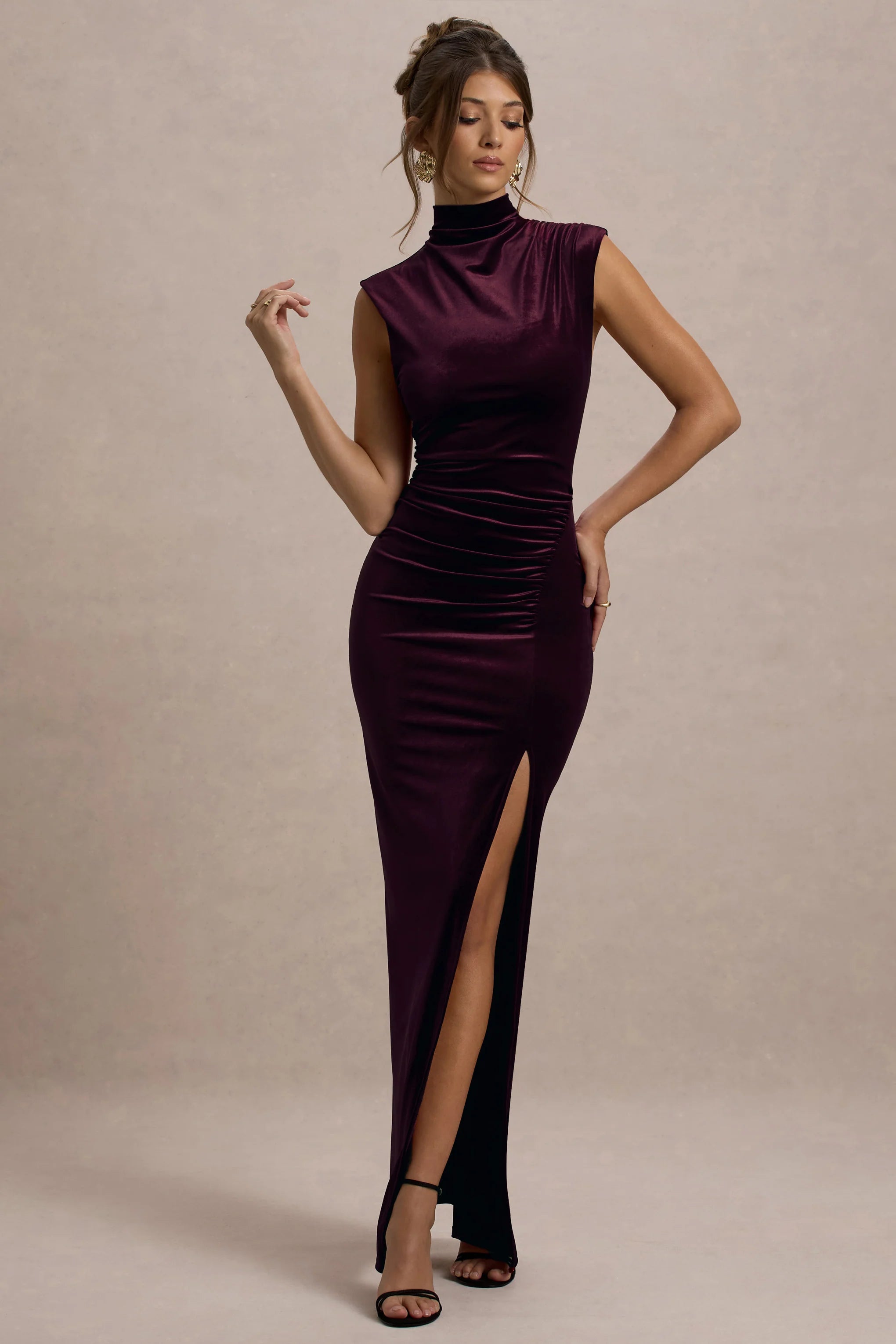 Abilene Port Velvet High Neck Split Maxi Dress