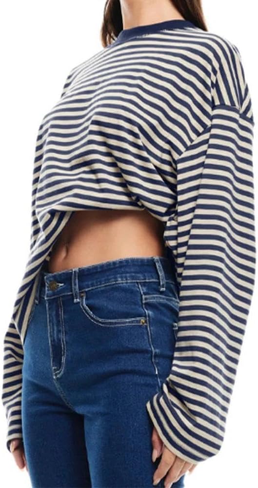 Women Striped Long Sleeve Shirt Crewneck Cropped Pullover Top Fall Winter Vintage Sweatshirt Streetwear