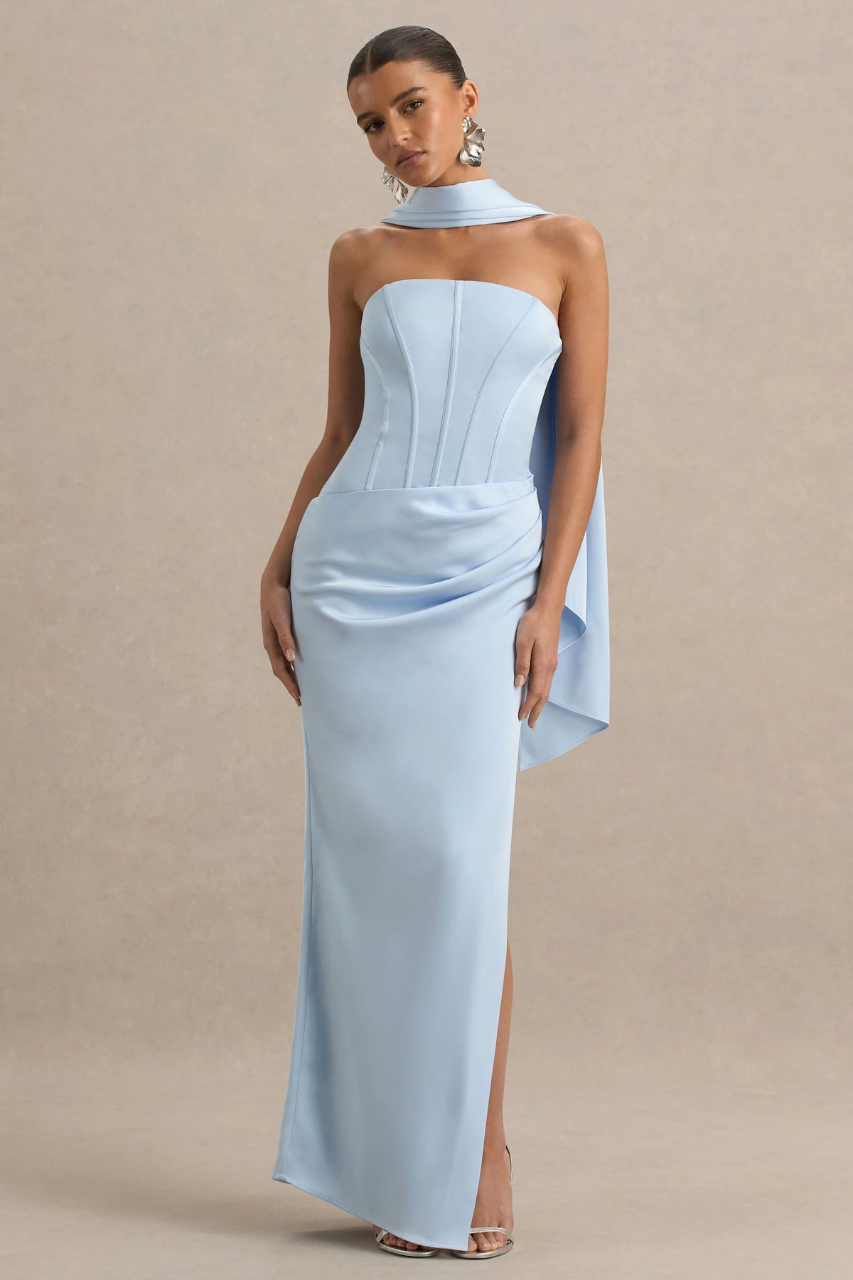 Joseline Powder Blue Satin Corset Wrap Maxi Dress With Scarf