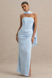 Joseline Powder Blue Satin Corset Wrap Maxi Dress With Scarf