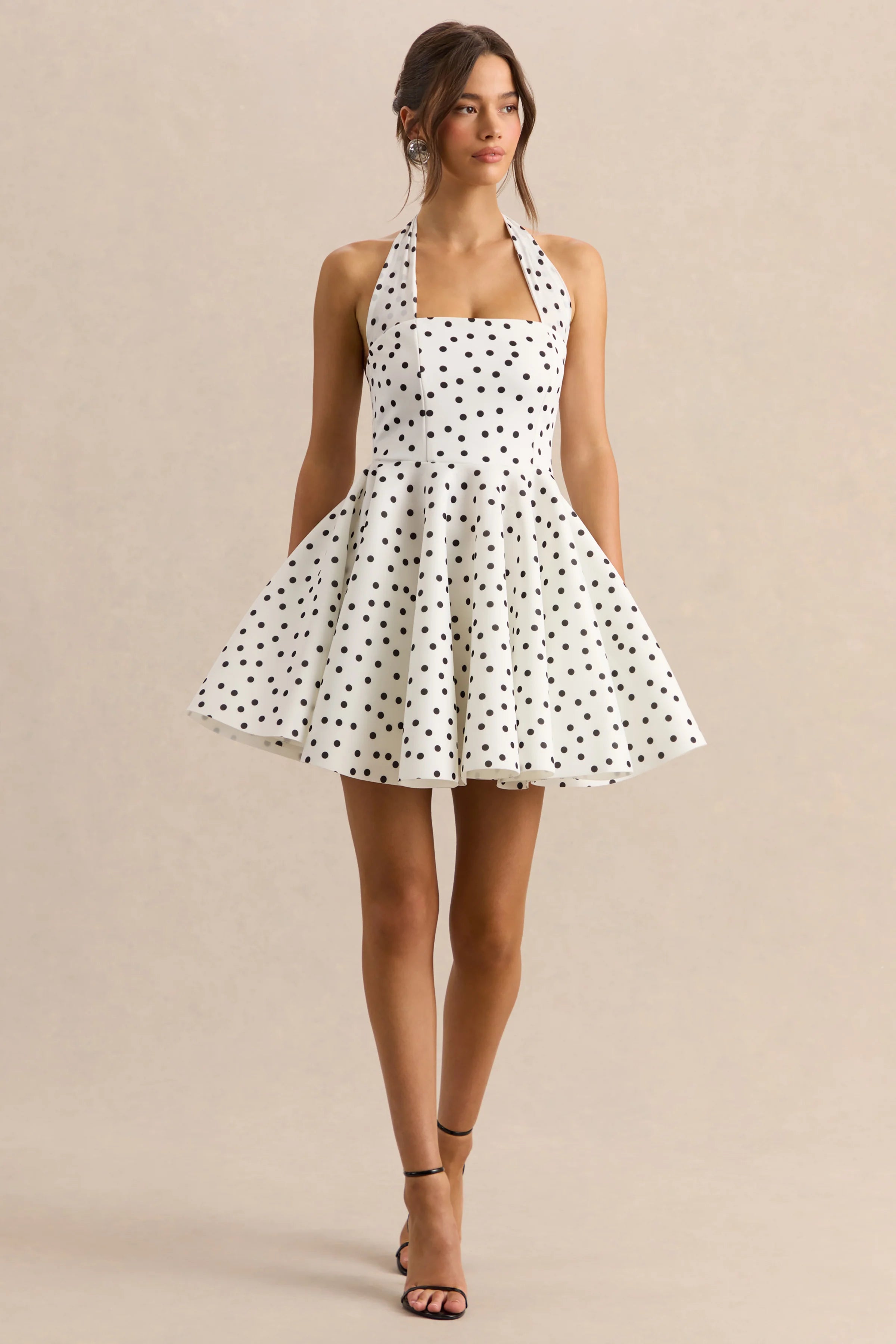 Peggy White Black Polka Dot Halter Neck Skater Mini Dress