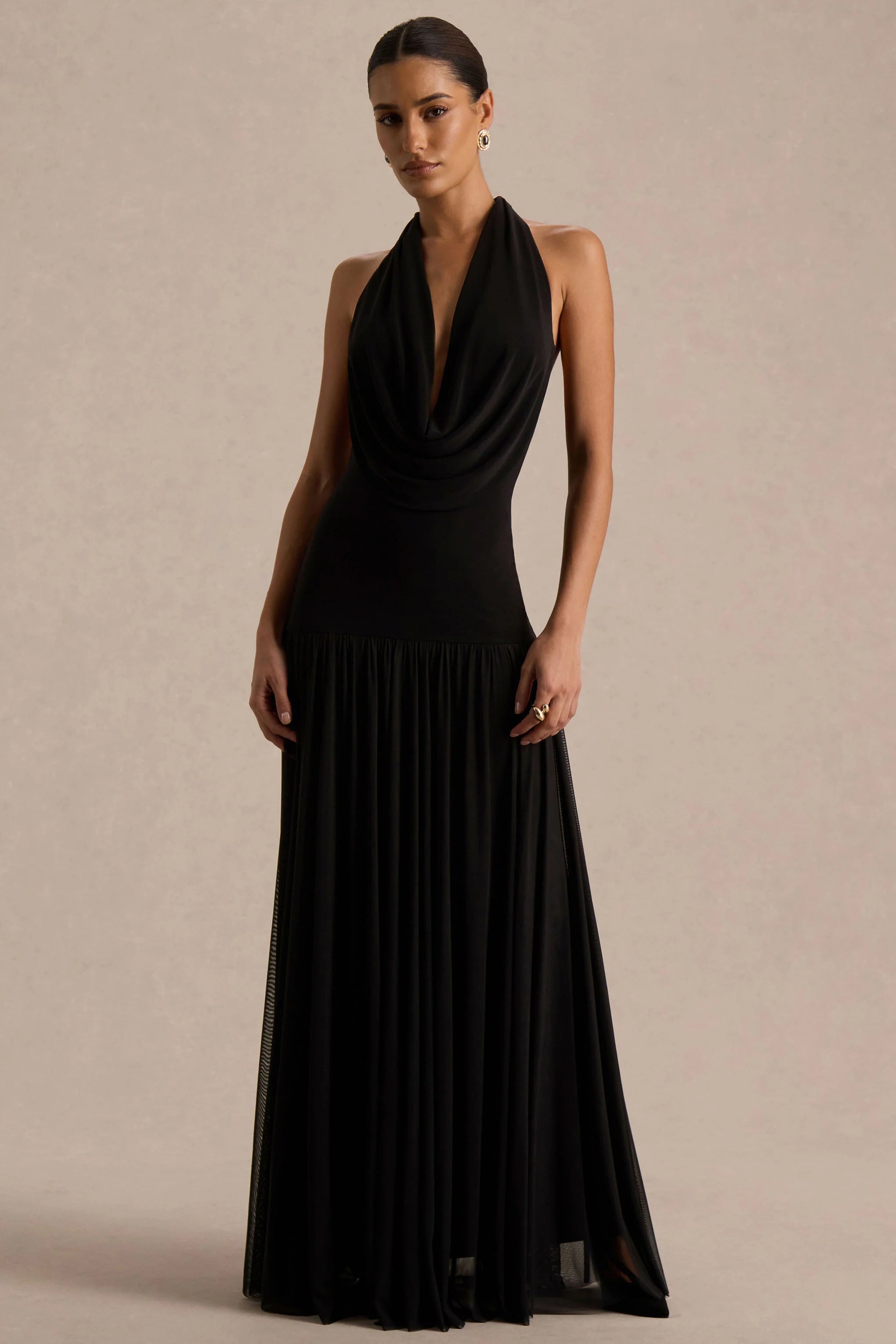 Verity Black Cowl Neck Maxi Dress With Sheer Skirt