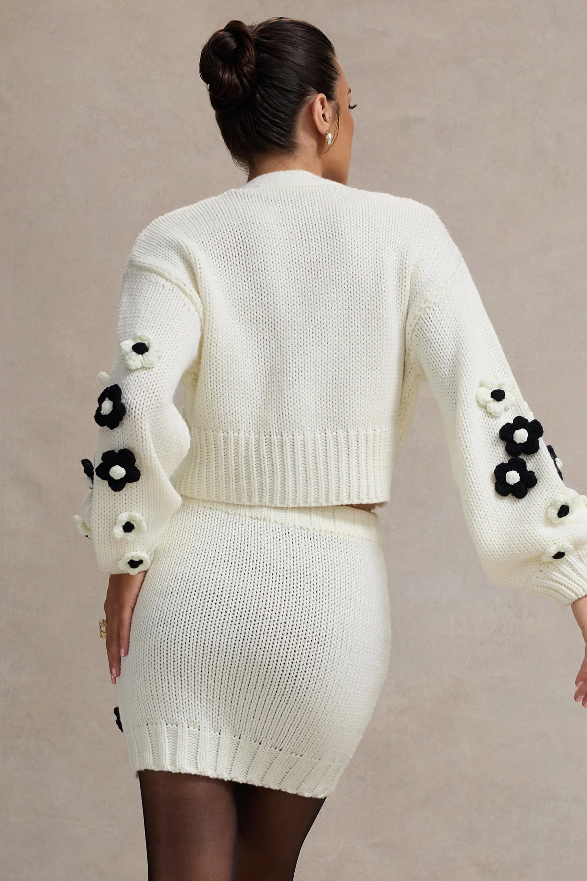 Louvre Cream Black Knit Cropped Floral Cardigan