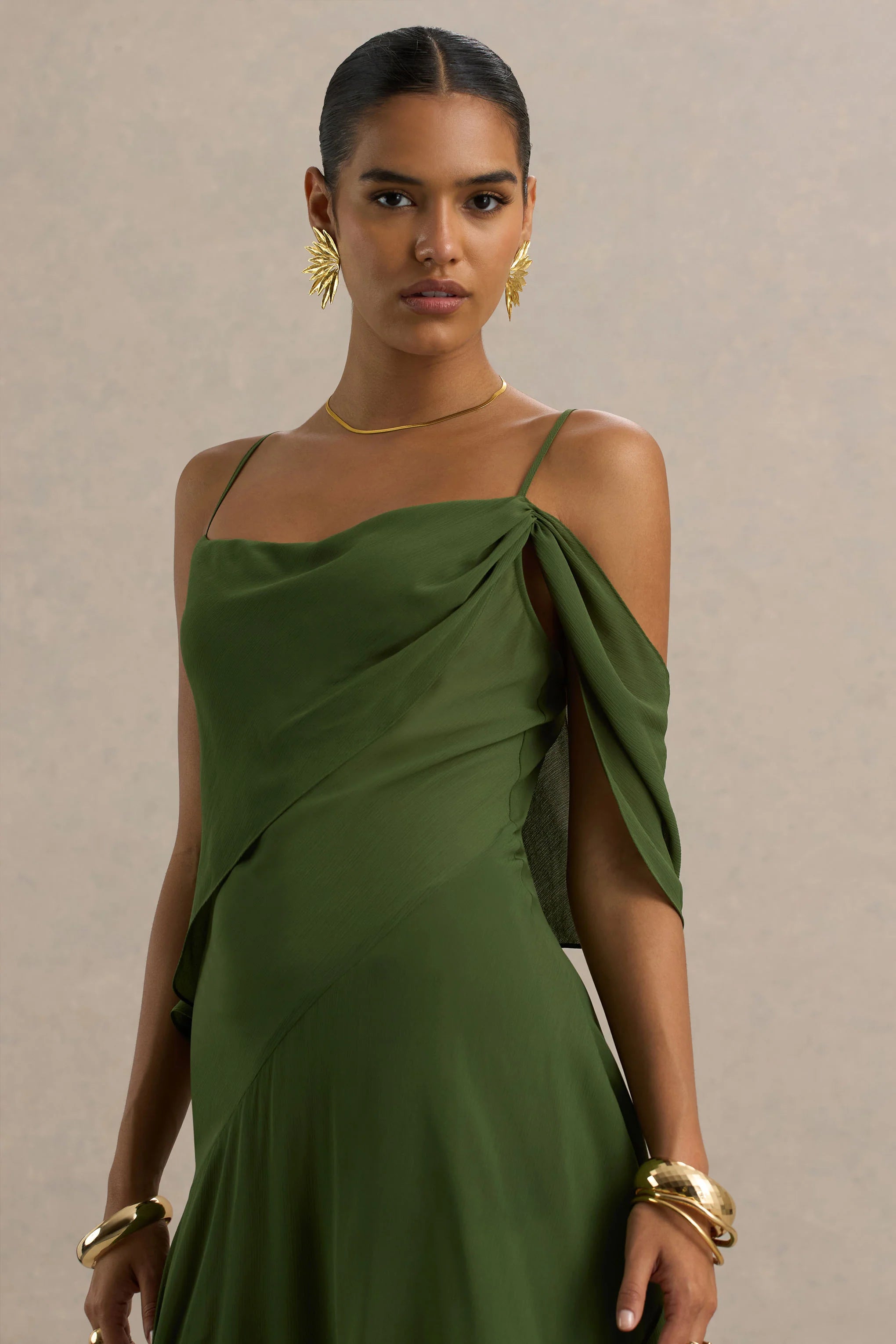 Tiara Green Asymmetric Midi Dress With Draping Detailing and Open Back