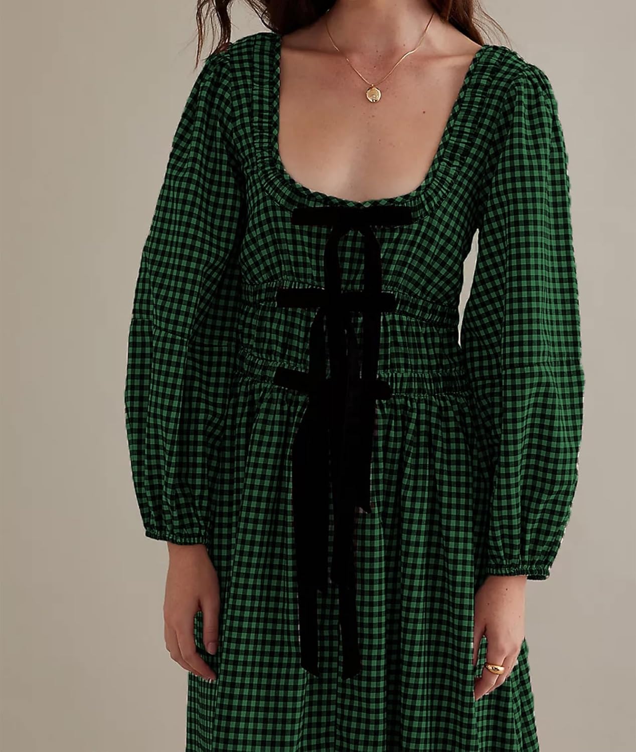 Women Plaid Maxi Dress Long Puff Sleeve Square Neck Flowy Boho Dress Bow Tie Smocked Fall Dresses