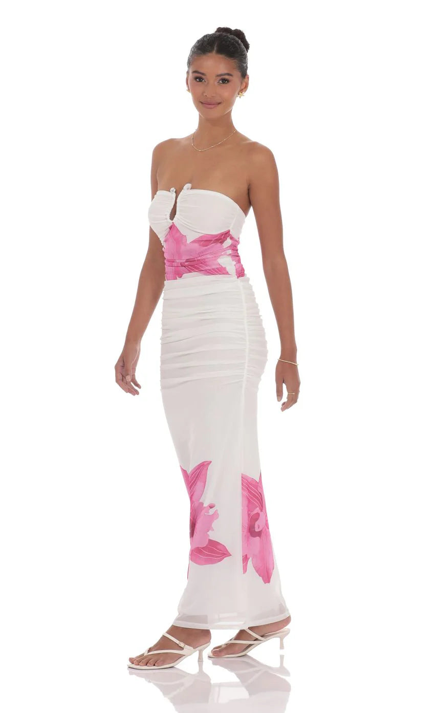 Embellished Floral Bodycon Maxi Dress in White