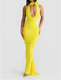 Women Sexy Backless Dress Halter Deep V Neck Detachable Flower Sleeveless Open Back Maxi Dress Cocktail Prom Formal Dresses