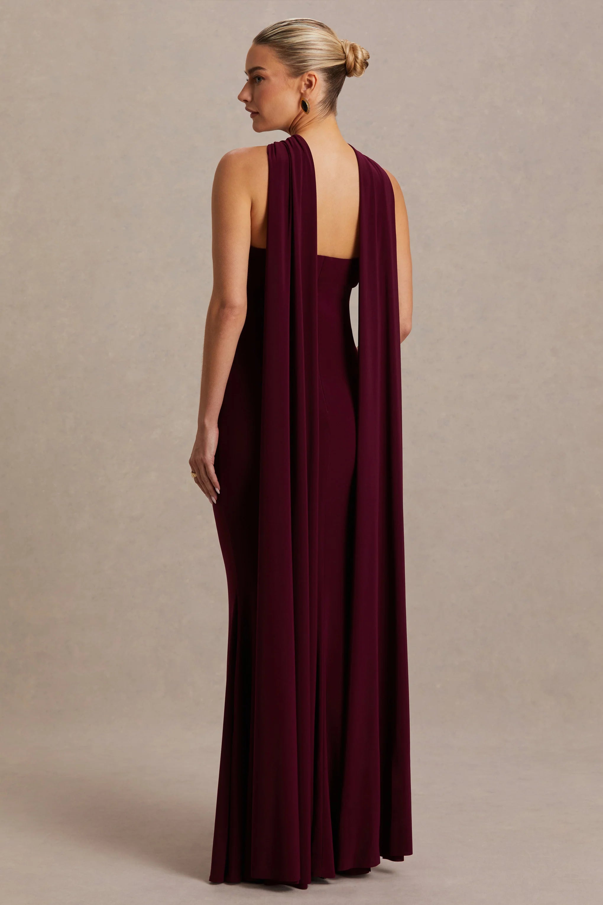 Lyra Burgundy Cross Halter Neck Maternity Maxi Dress With Cape