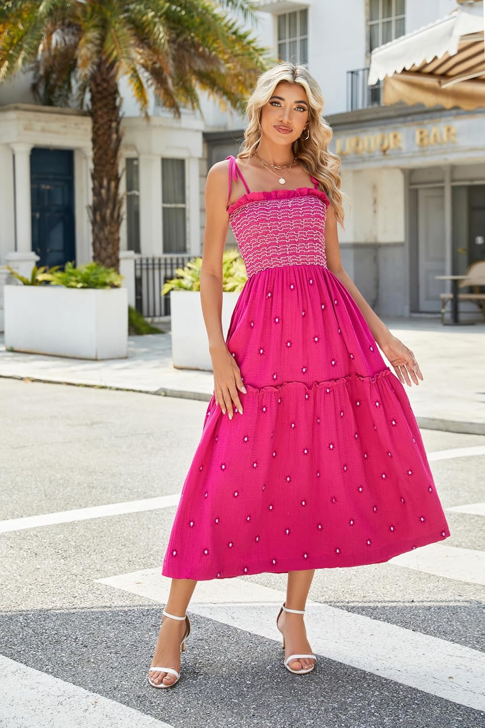 Women Floral Embroidered Maxi Dress Sleeveless Tie Shoulder Smocked Flowy Dress Boho Summer Sundresses with Pockets