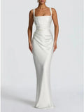 Women Wedding Guest Dress Satin Corset Top Elegant Maxi Dresses with Sheer Scarf Evening Gown