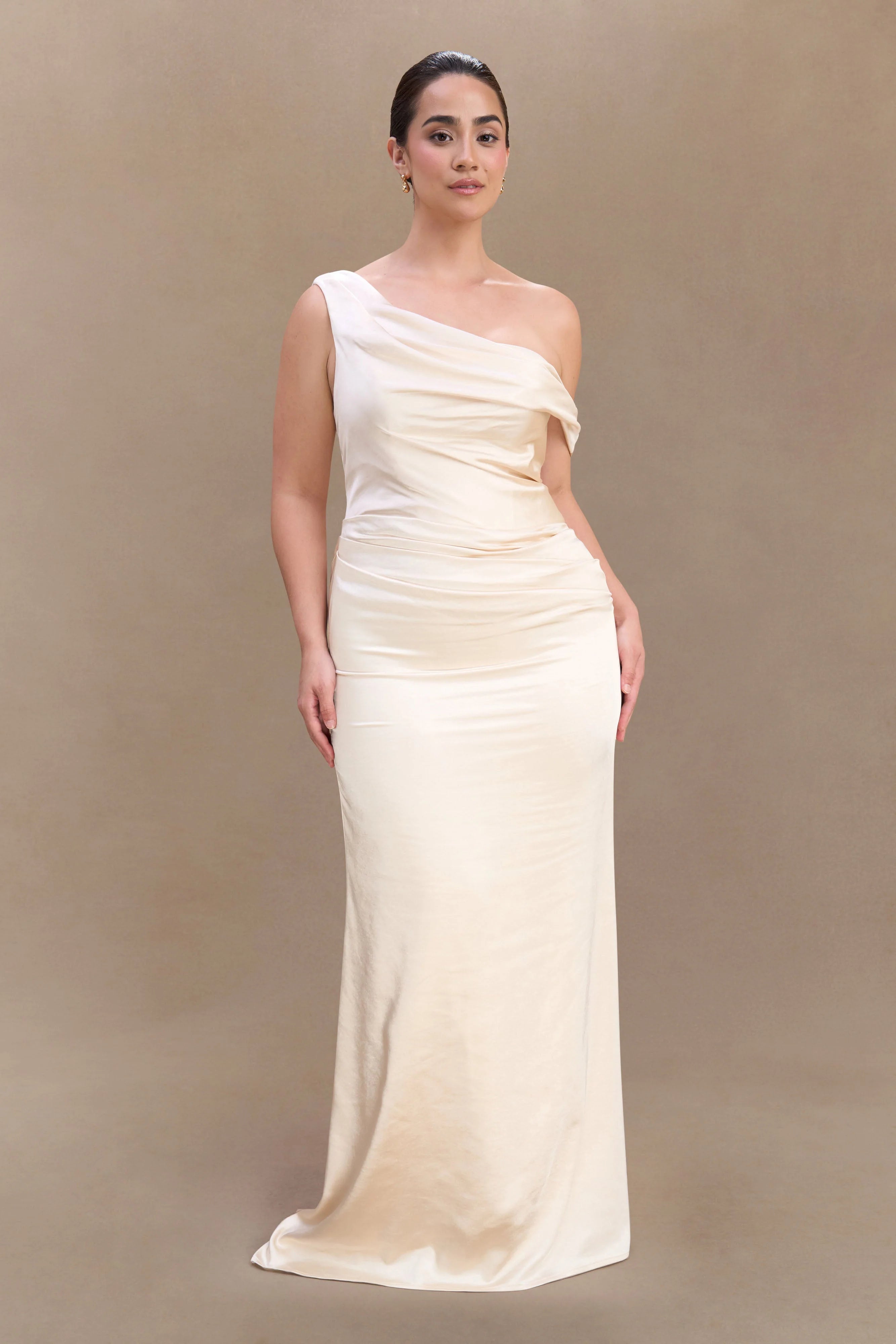 Dalia Off Shoulder Satin Maxi Dress Blush Gold