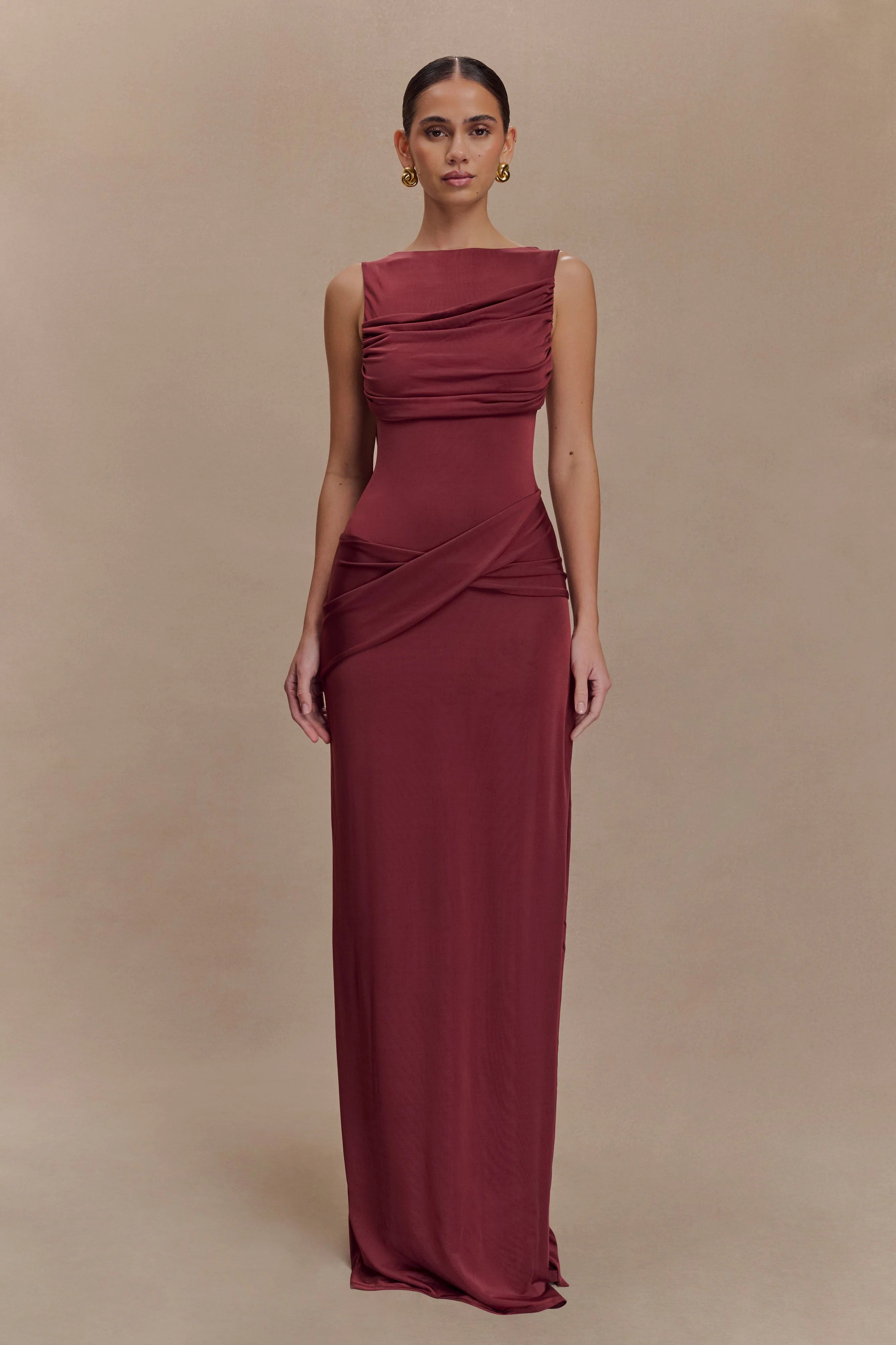 Henley Slinky Drape Maxi Dress Wine