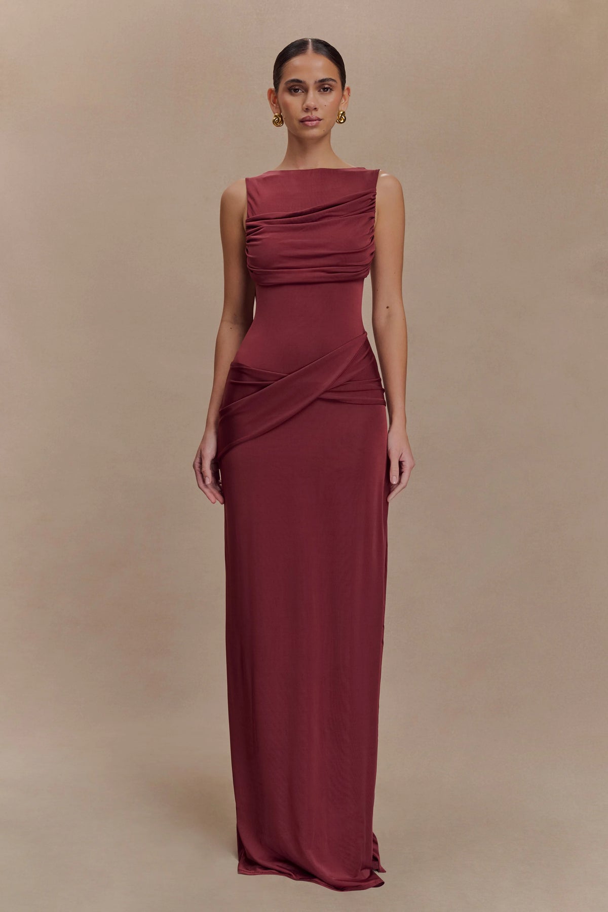 Henley Slinky Drape Maxi Dress Wine