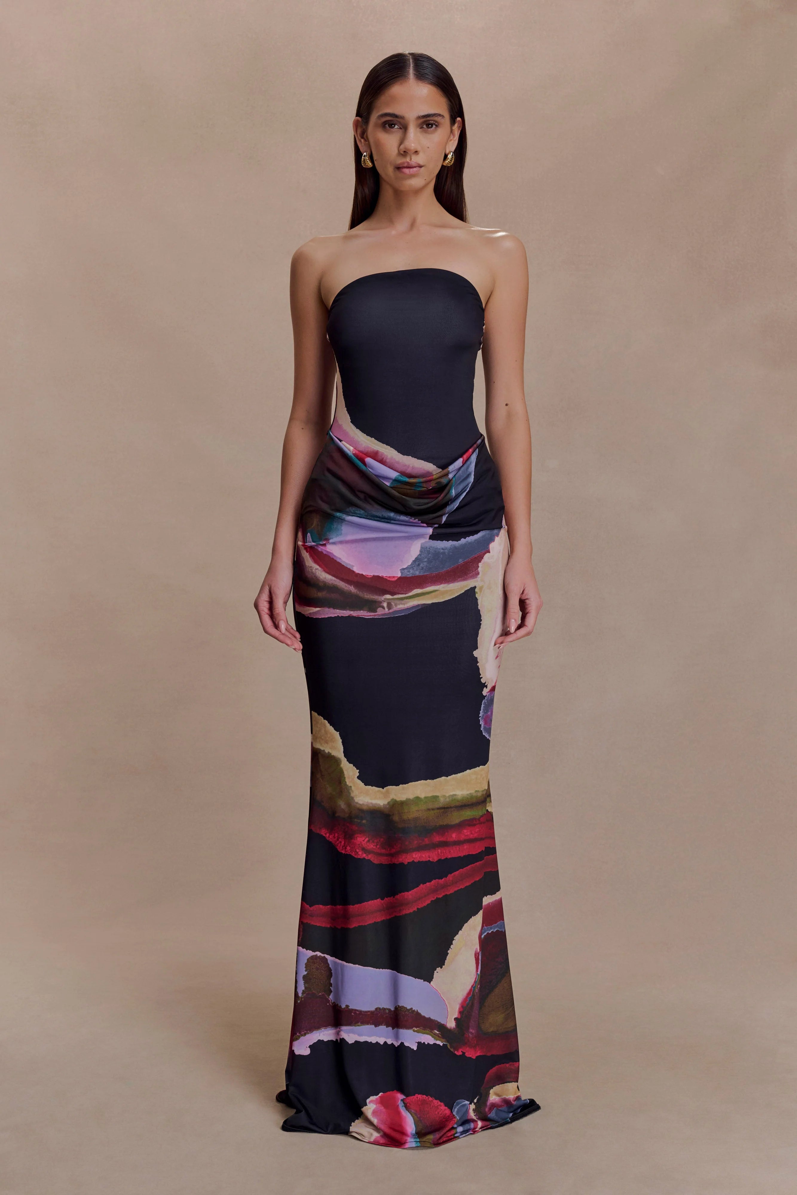 Madison Strapless Slinky Maxi Dress Multi Fluid Reverie Print