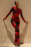 Marcy Red And Black Floral Print High Neck Maxi Dress